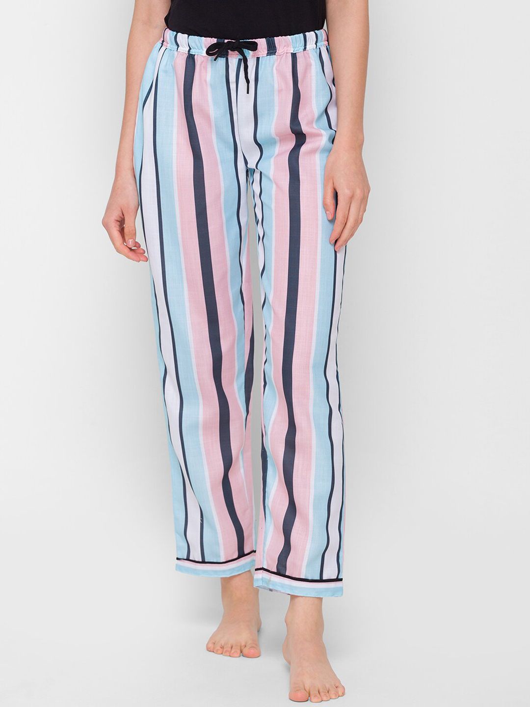 NOIRA Women Blue & Pink Striped Mid-Rise Cotton Lounge Pants Price in India