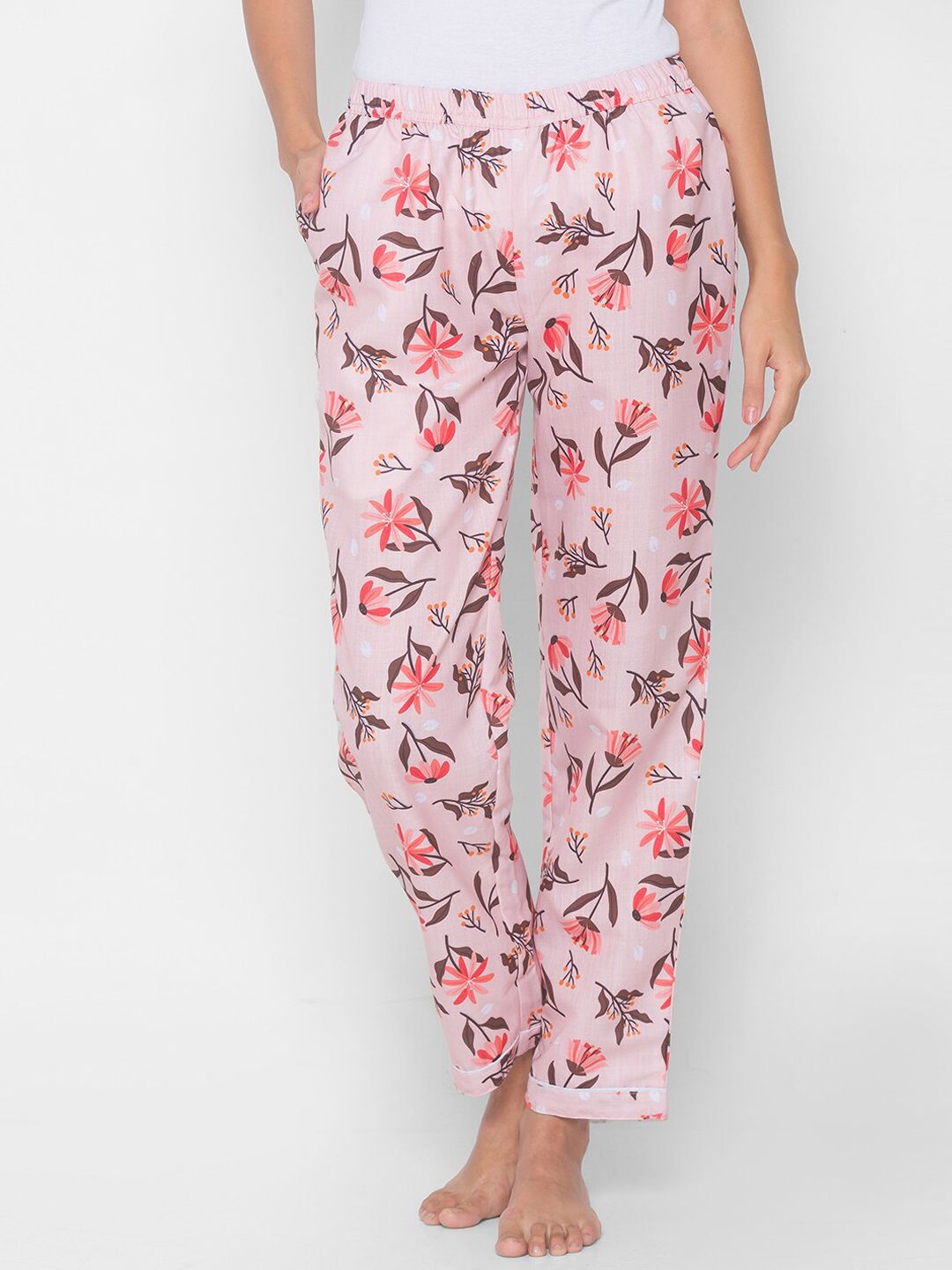 NOIRA Women Pink & Brown Floral Printed Mid-Rise Cotton Lounge Pants Price in India