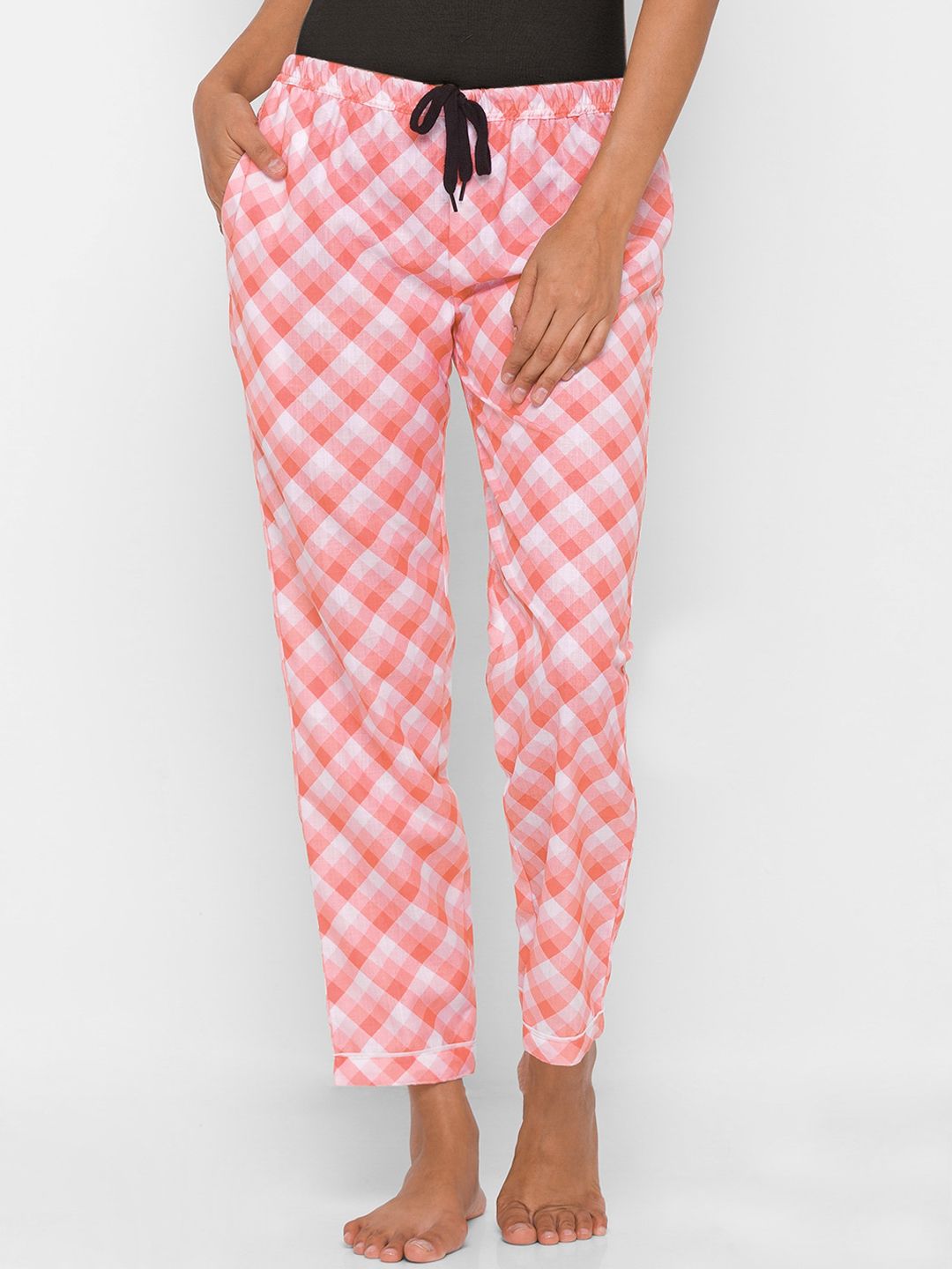 NOIRA Women Peach-Coloured & White Checked Cotton Lounge Pants Price in India