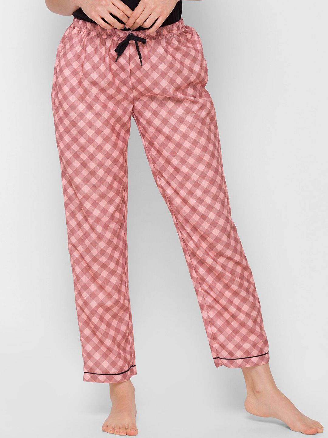 NOIRA Women Brown & Peach Coloured Checked Cotton Lounge Pant Price in India