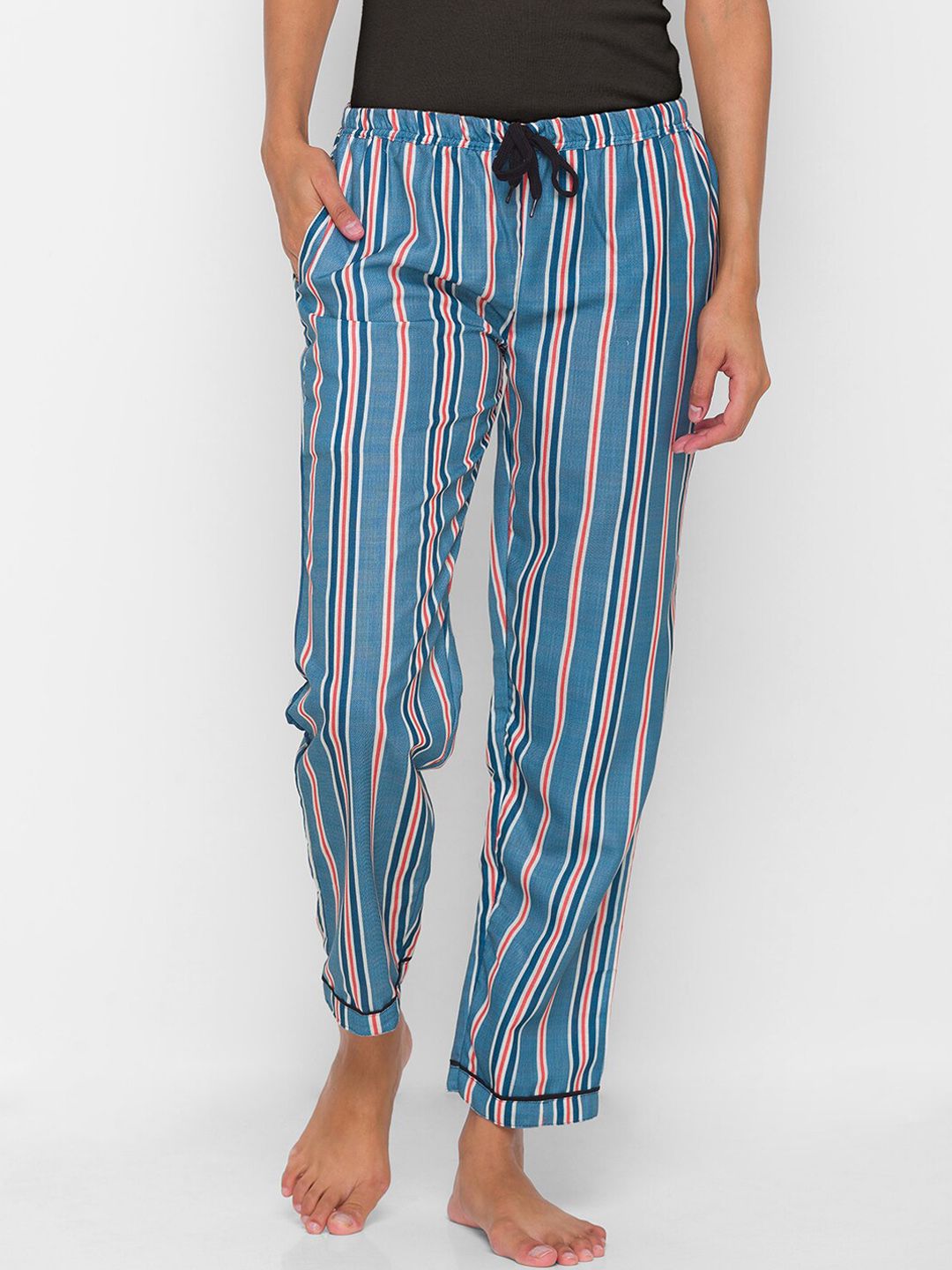 NOIRA Women Blue & Red Striped Mid-Rise Cotton Lounge Pants Price in India