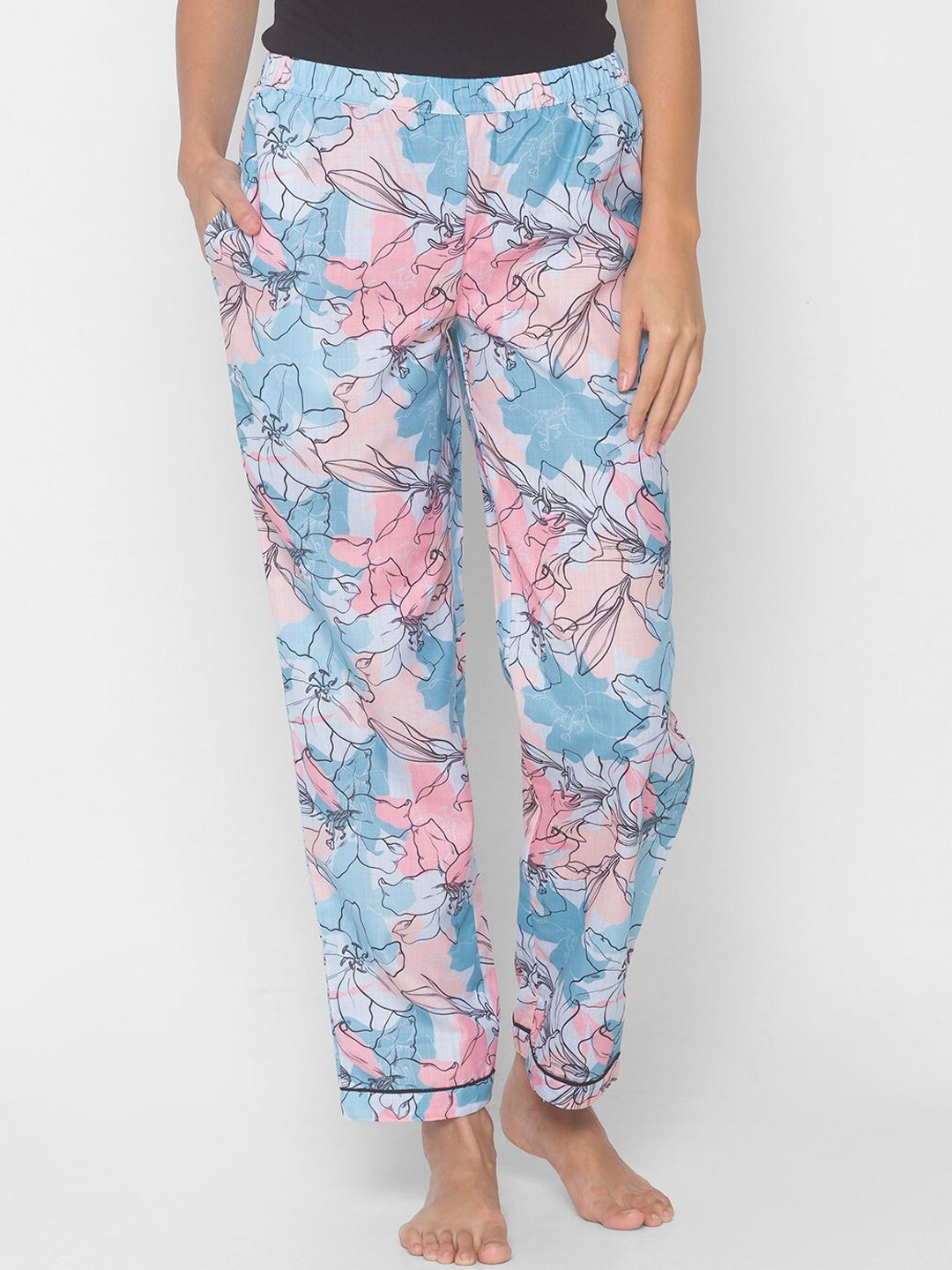 NOIRA Women Blue & Pink Abstract Printed Cotton Lounge Pants Price in India