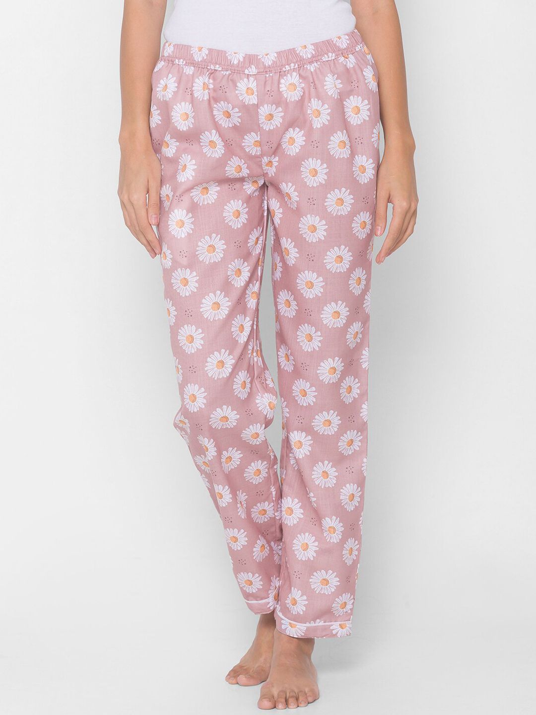 NOIRA Women Pink & White Floral Printed Mid-Rise Cotton Lounge Pants Price in India