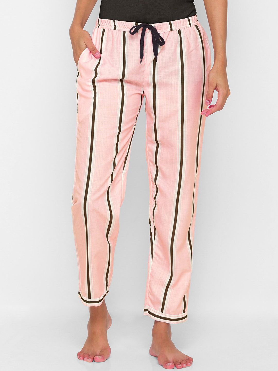 NOIRA Women Pink & Black Striped Cotton Lounge Pant Price in India