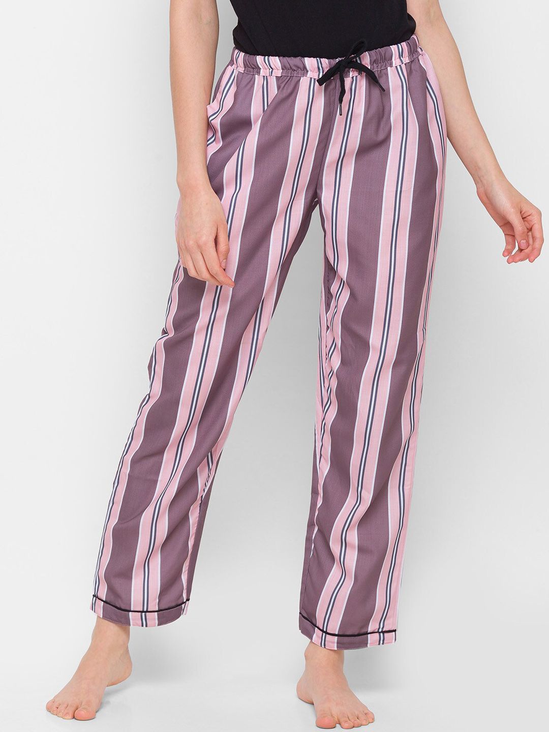 NOIRA Women Pink & Brown Striped Cotton Lounge Pants Price in India