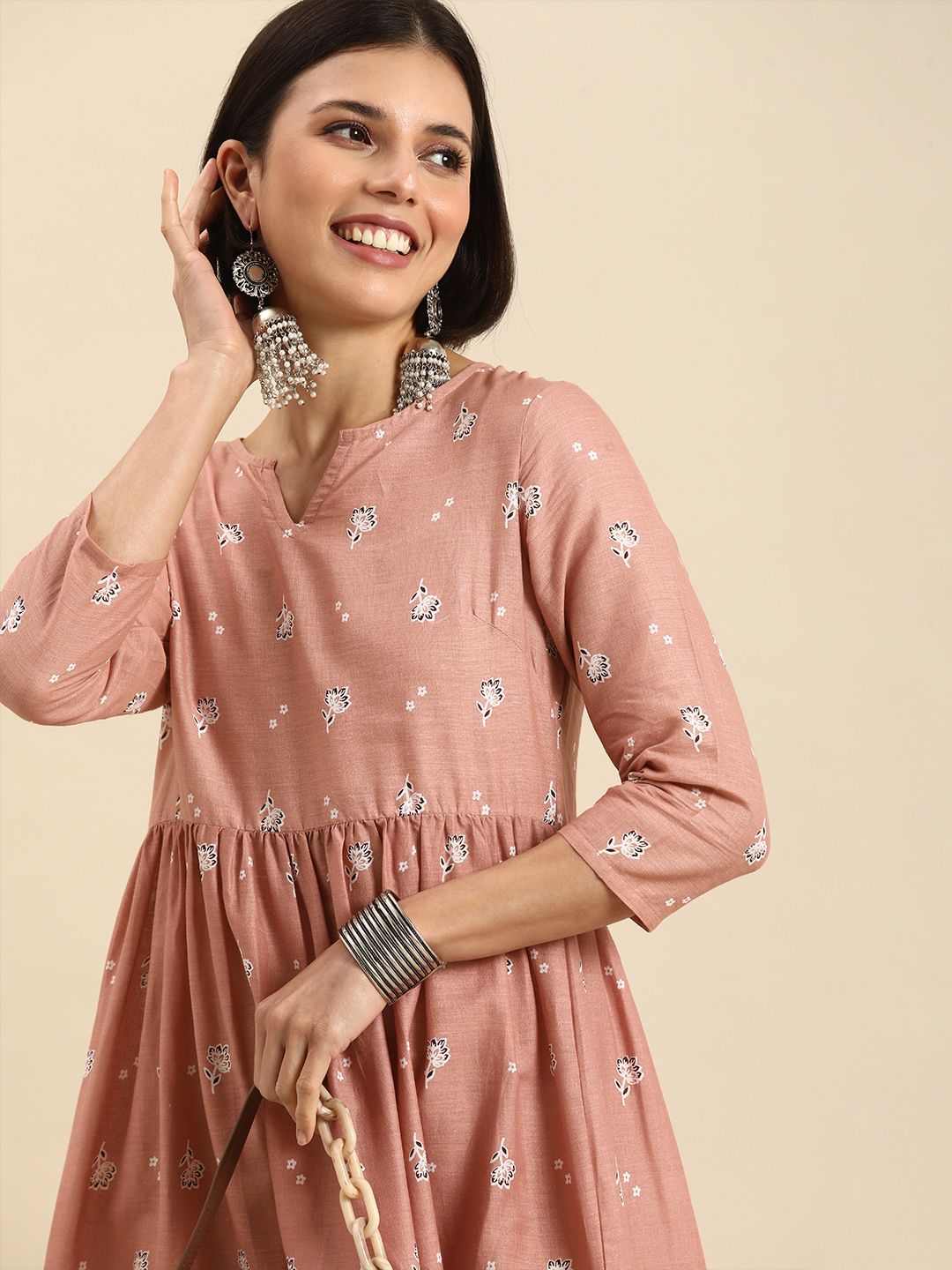 Anouk Peach-Coloured & White Ethnic Motifs Ethnic Midi Dress Price in India