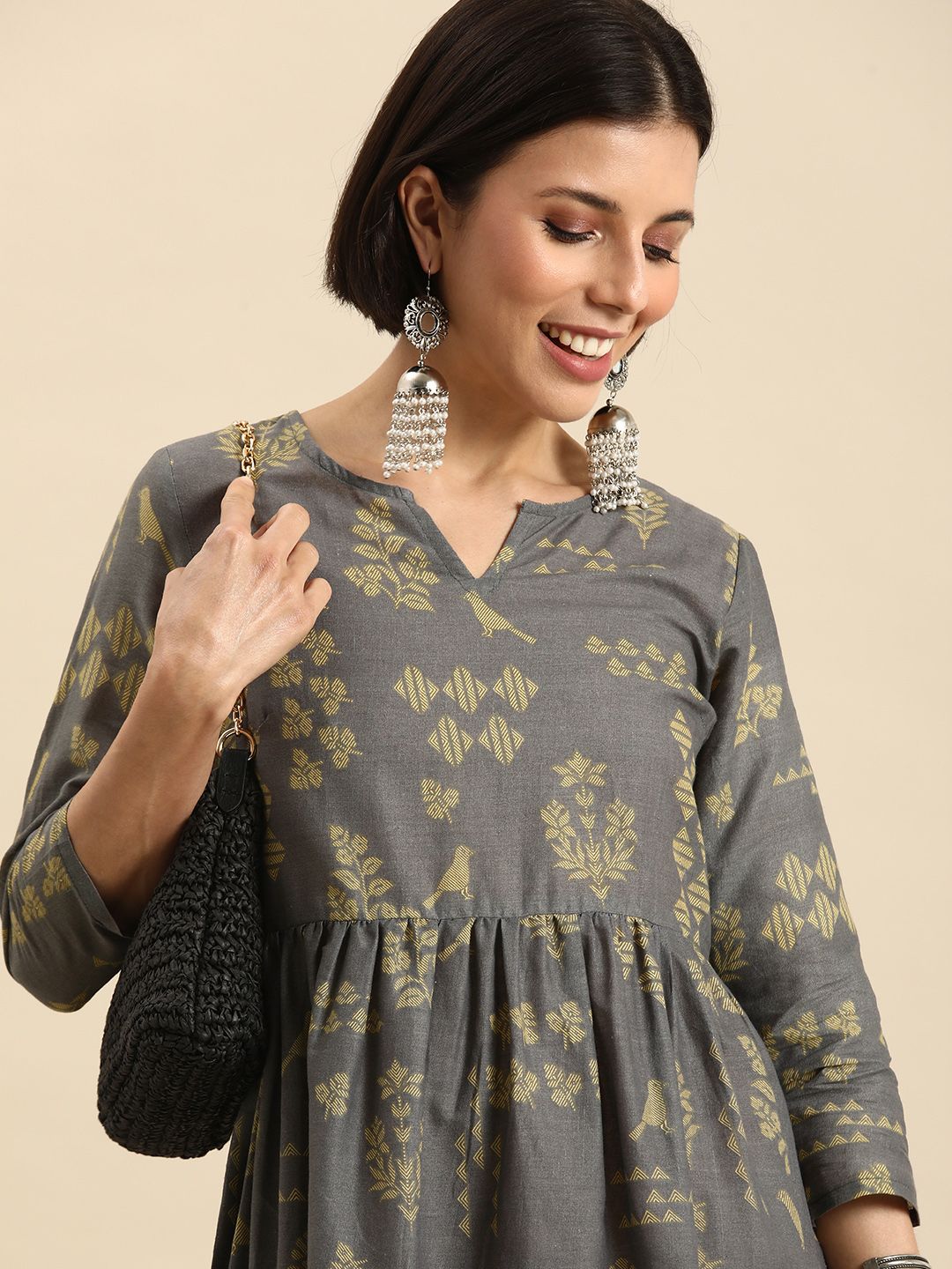 Anouk Grey & Yellow Ethnic Motifs Ethnic Midi Dress Price in India