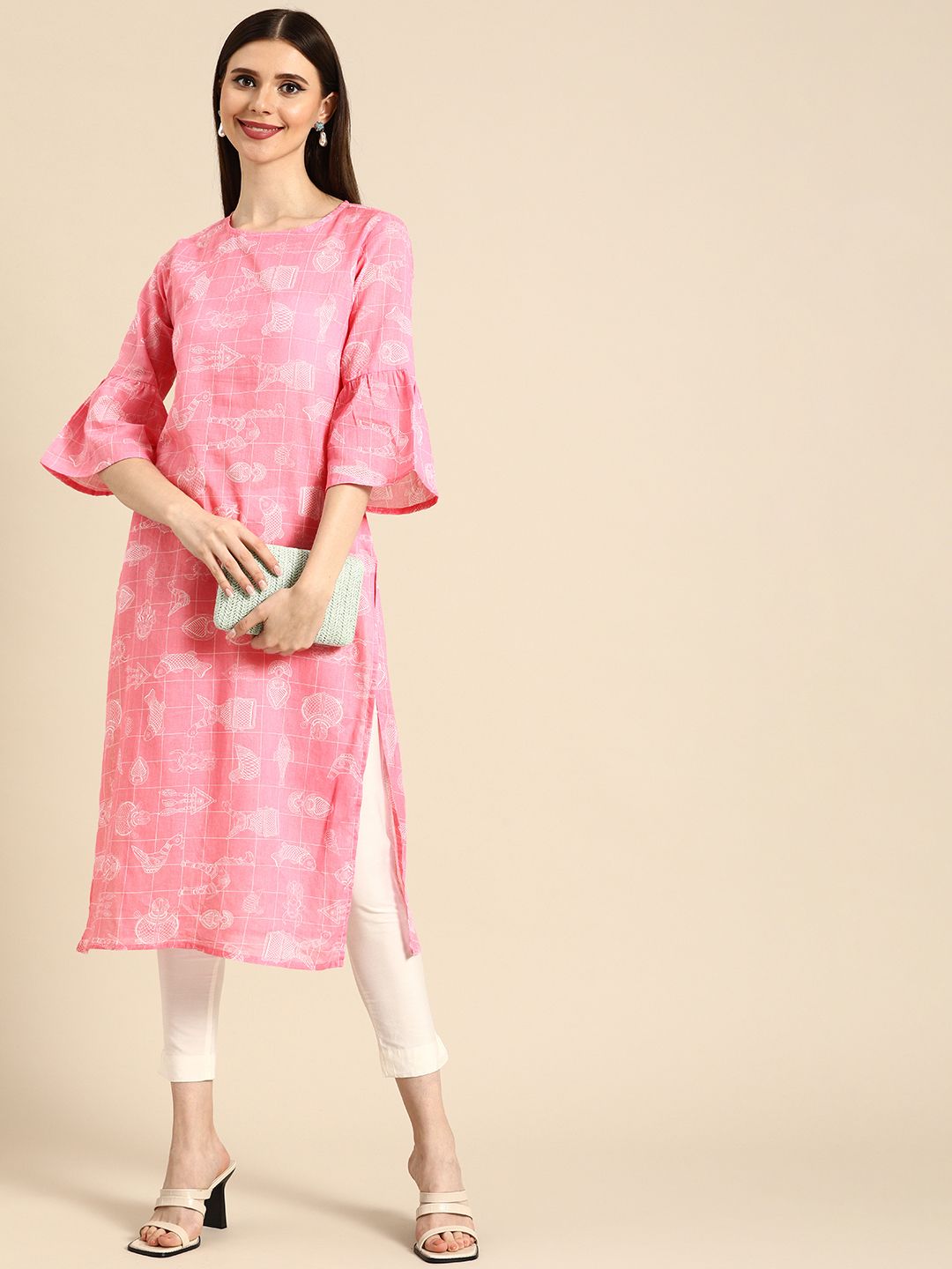 Anouk Women Pink & White Printed Bell Sleeves Pure Cotton Kurta Price in India