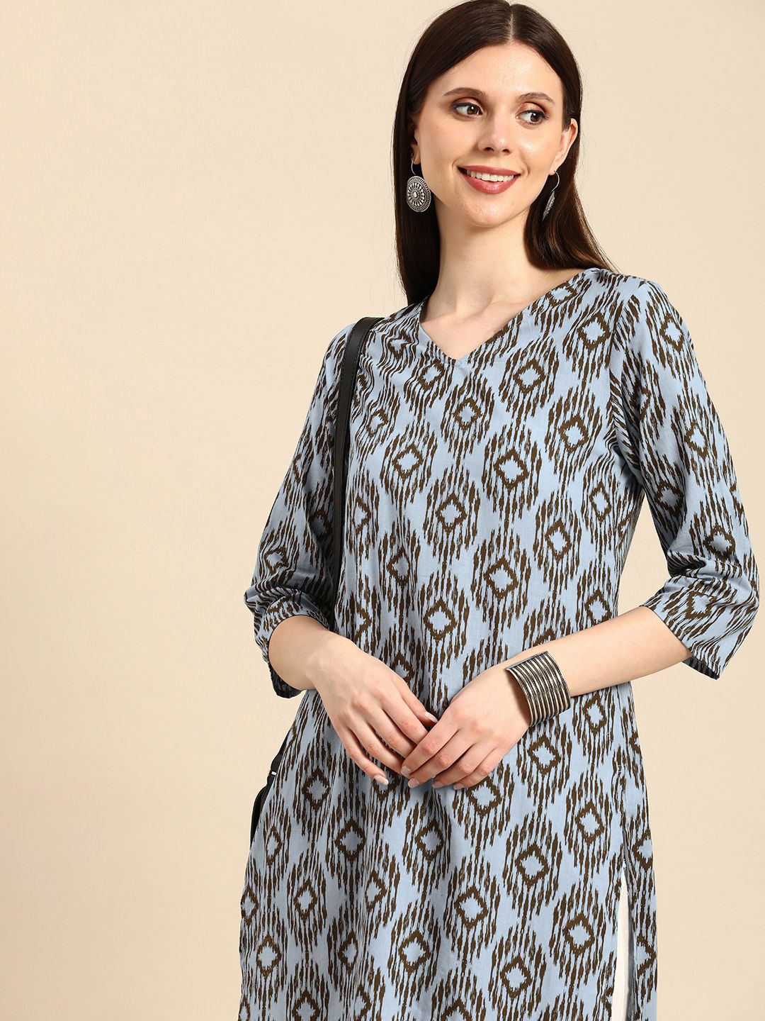 Anouk Women Blue & Khaki Ikat Printed Regular Kurta Price in India