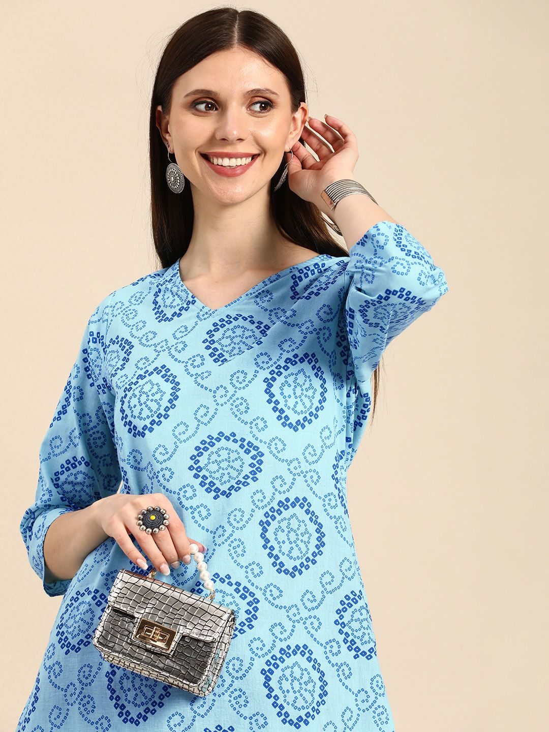 Anouk Women Blue Bandhani Printed Regular Kurta Price in India