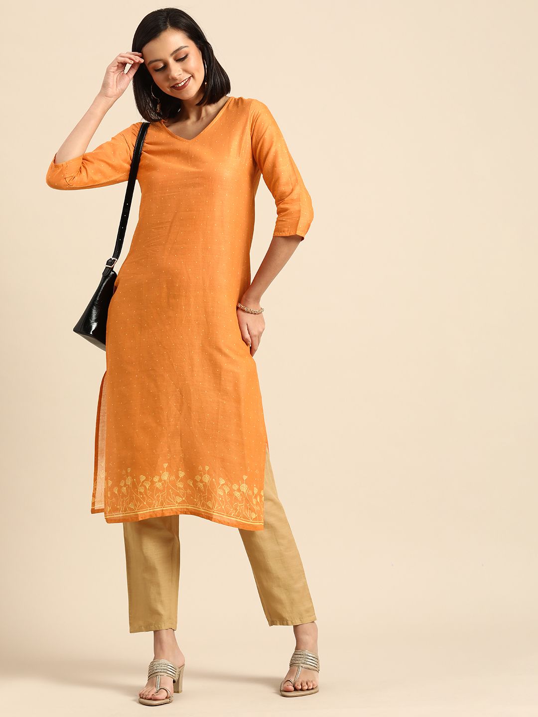 Anouk Women Orange Polka Dot Pure Cotton Printed Kurta Price in India