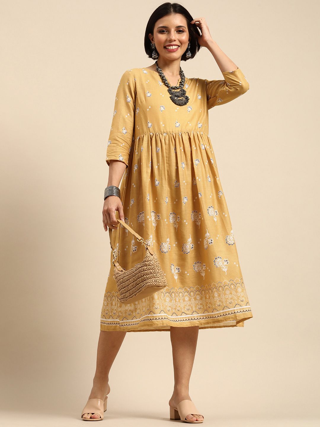 Anouk Women Beige Floral Printed Pure Cotton Fit And Flare Midi Dress Price in India