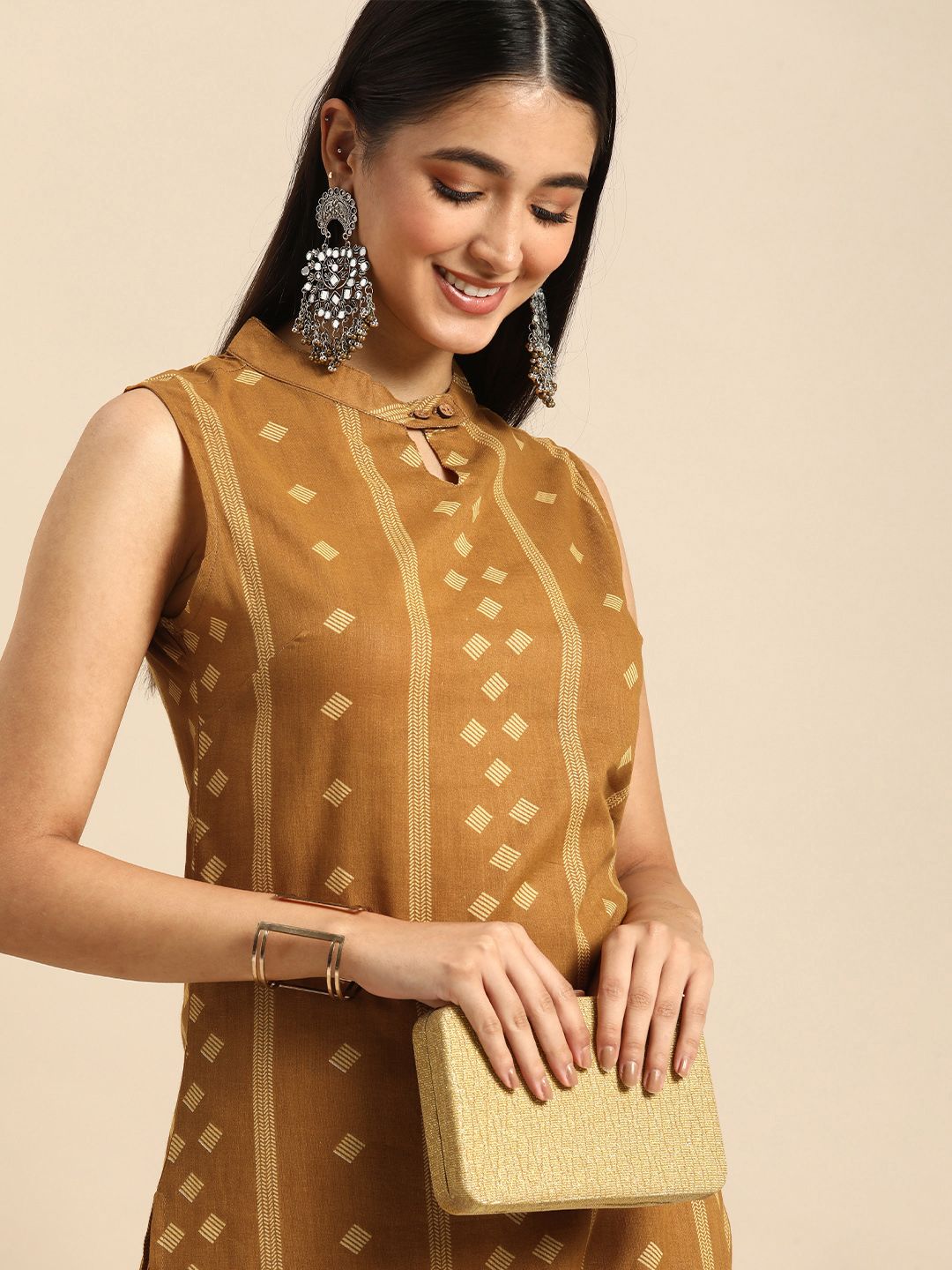 Anouk Women Brown & Yellow Printed Pure Cotton Kurta with Palazzos Price in India