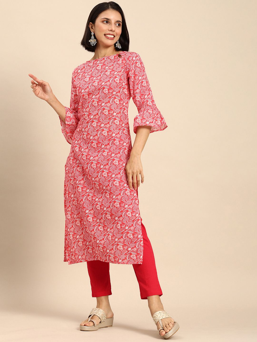 Anouk Women Red & White Floral Printed Pure Cotton Kurta with Trousers Price in India