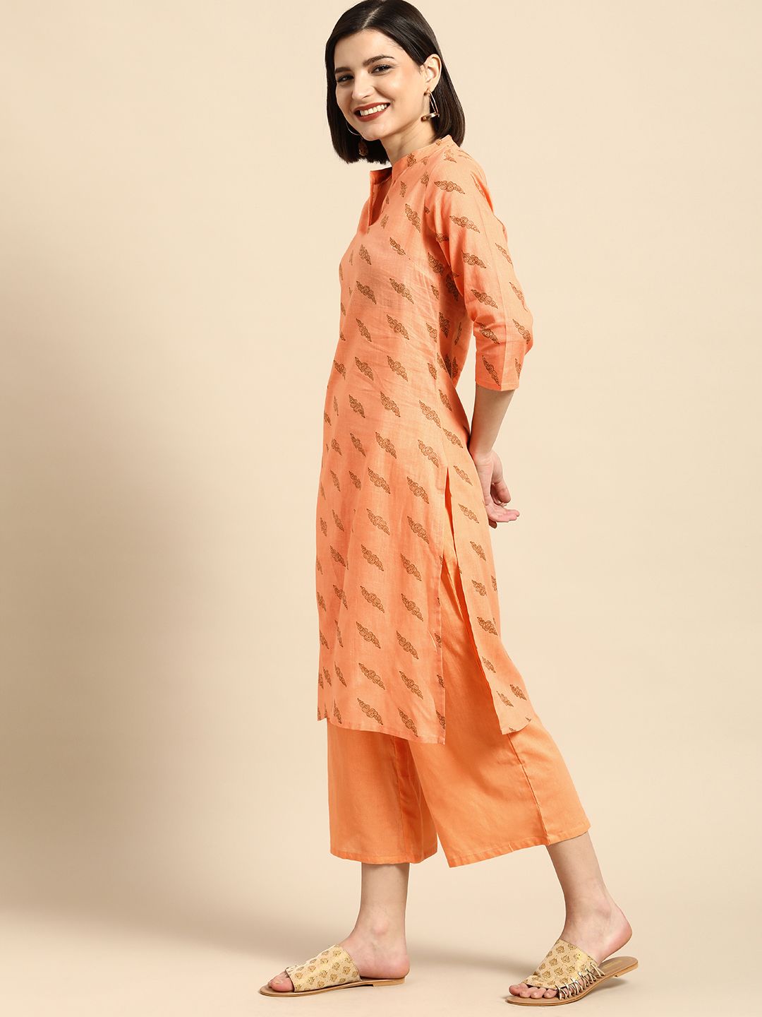 Anouk Women Coral Ethnic Motifs Printed Pure Cotton Kurta with Palazzos Price in India