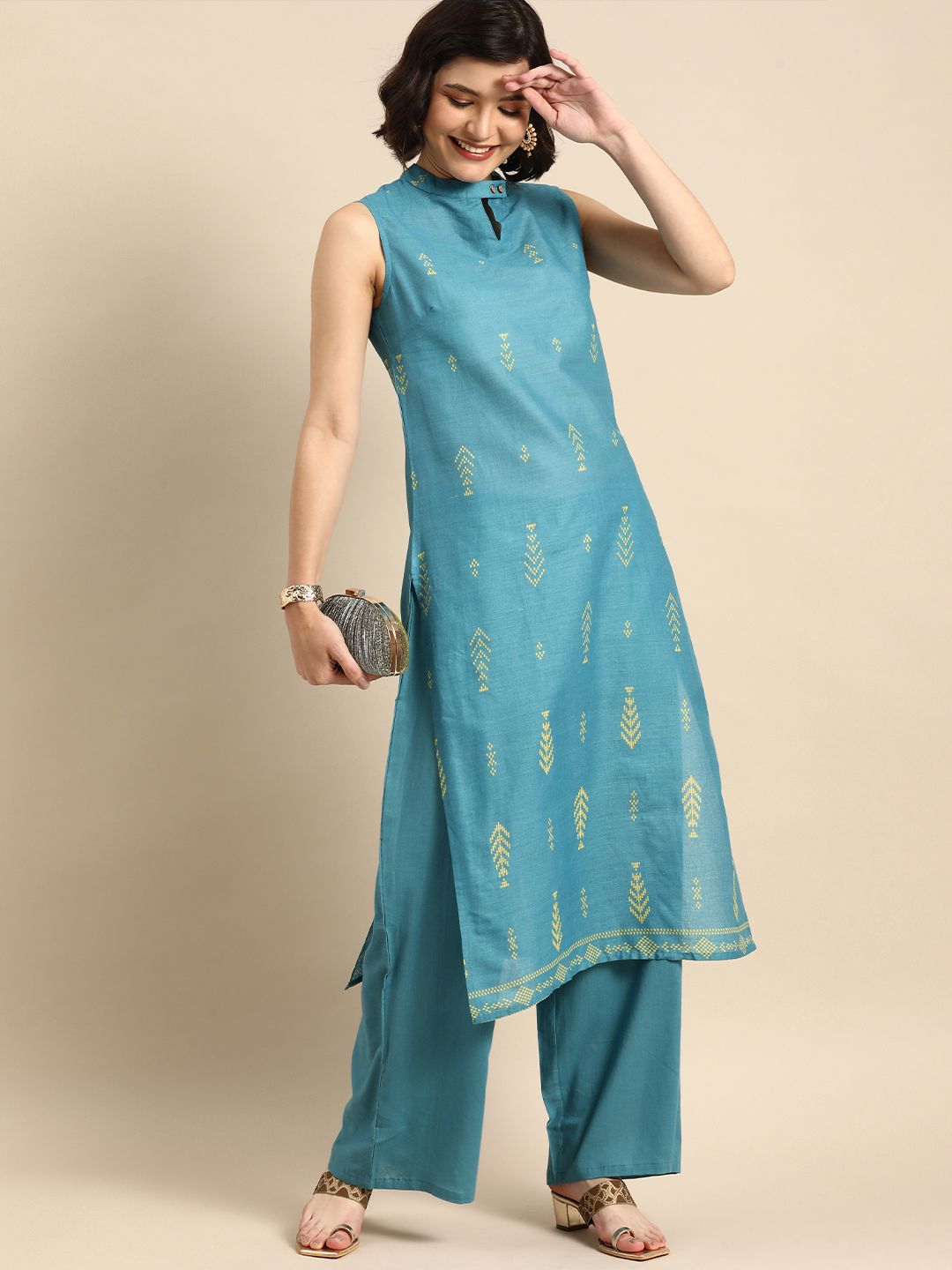 Anouk Women Blue & Yellow Printed Pure Cotton Kurta with Palazzos Price in India