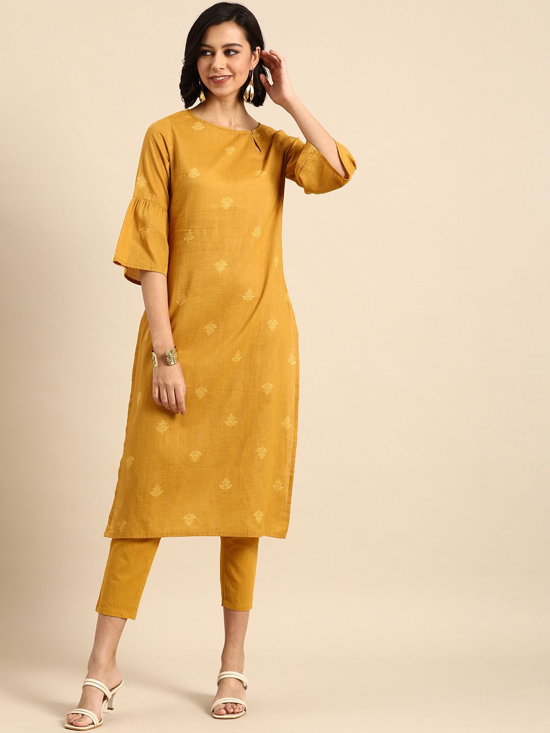 Anouk Women Mustard Yellow Ethnic Motifs Printed Pure Cotton Kurta with Trousers