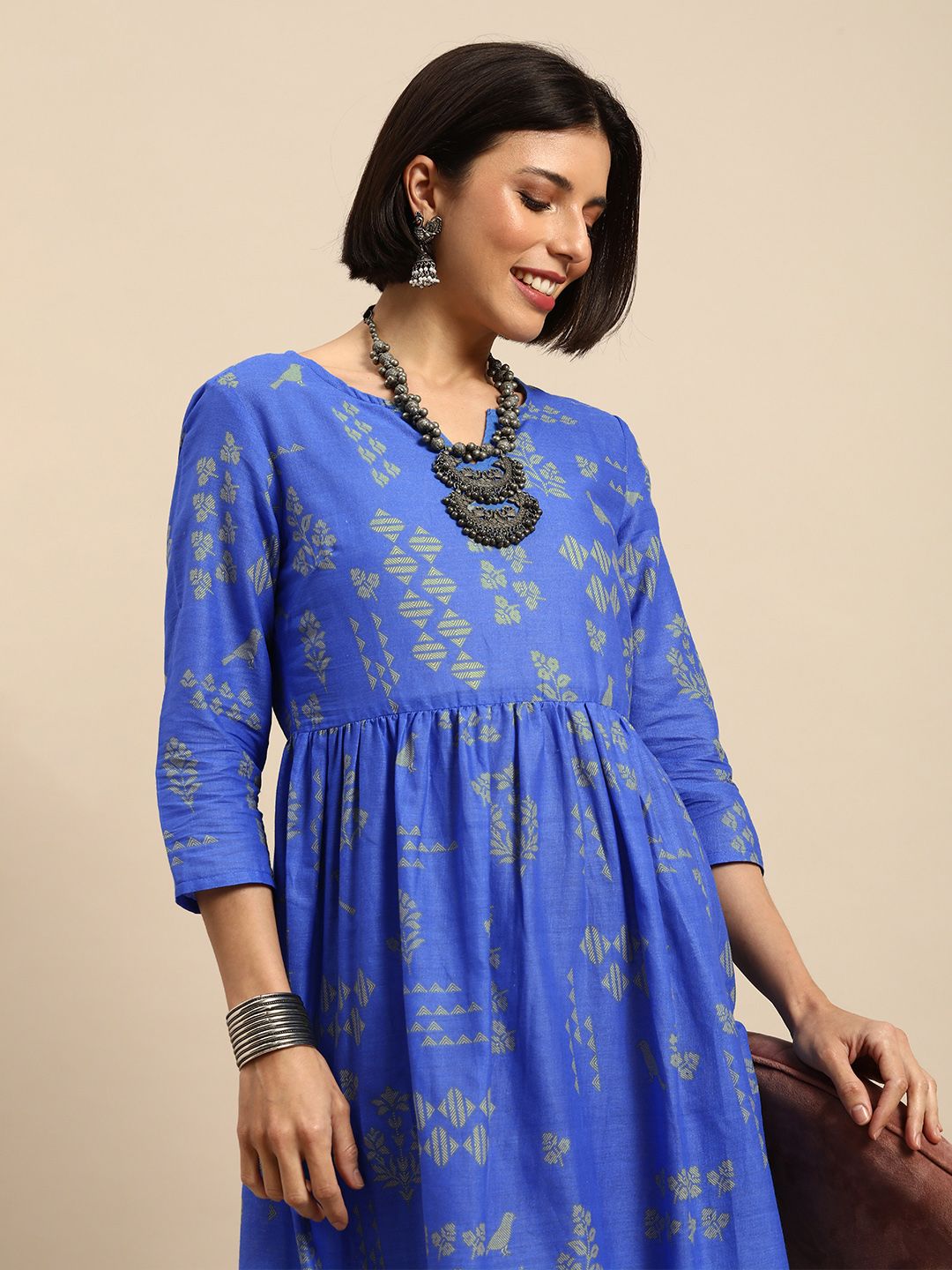 Anouk Women Blue & Yellow Ethnic Motifs Printed Pure Cotton Fit And Flare Midi Dress Price in India