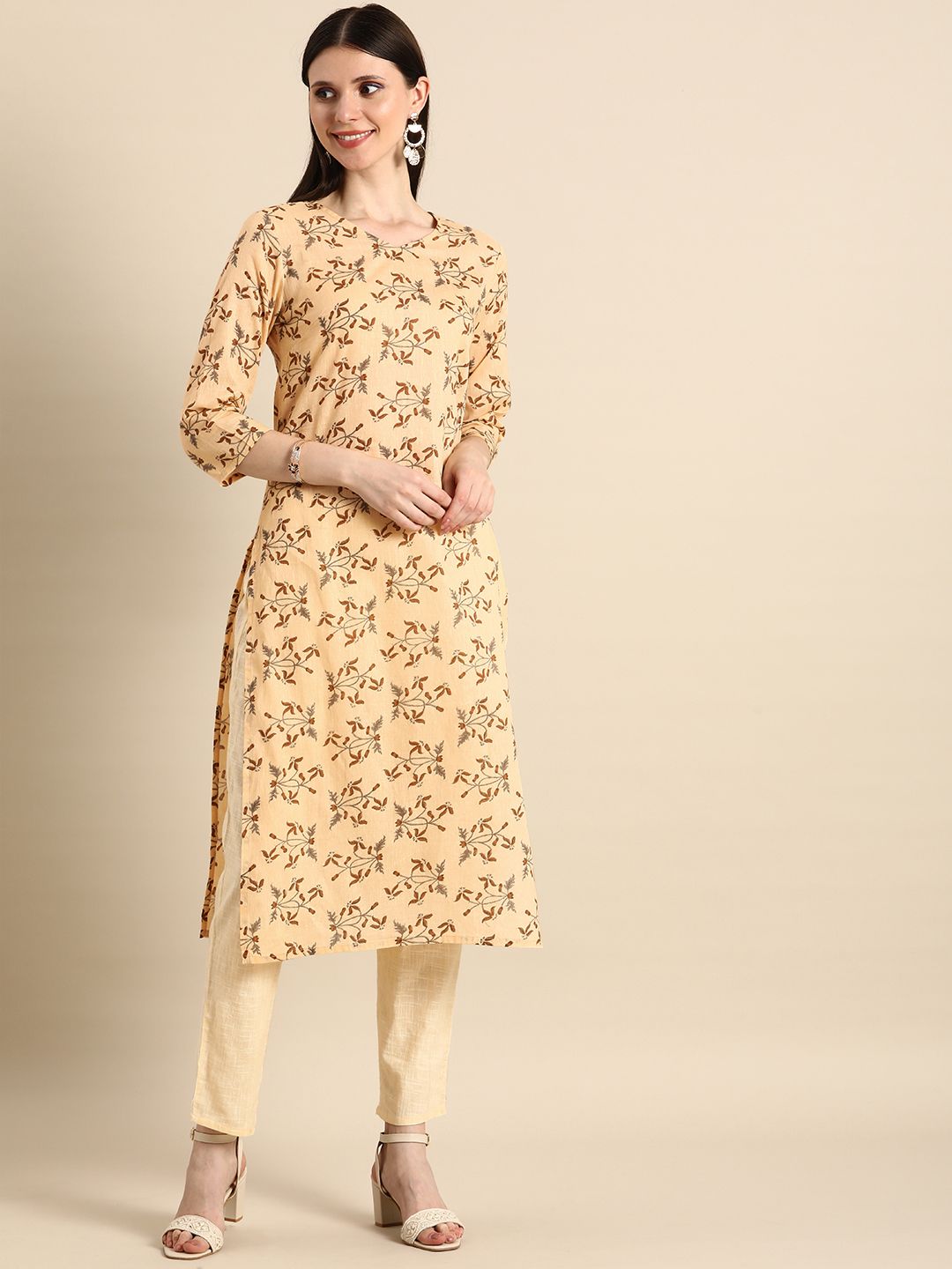 Anouk Women Beige & Brown Floral Printed Pure Cotton Kurta Price in India