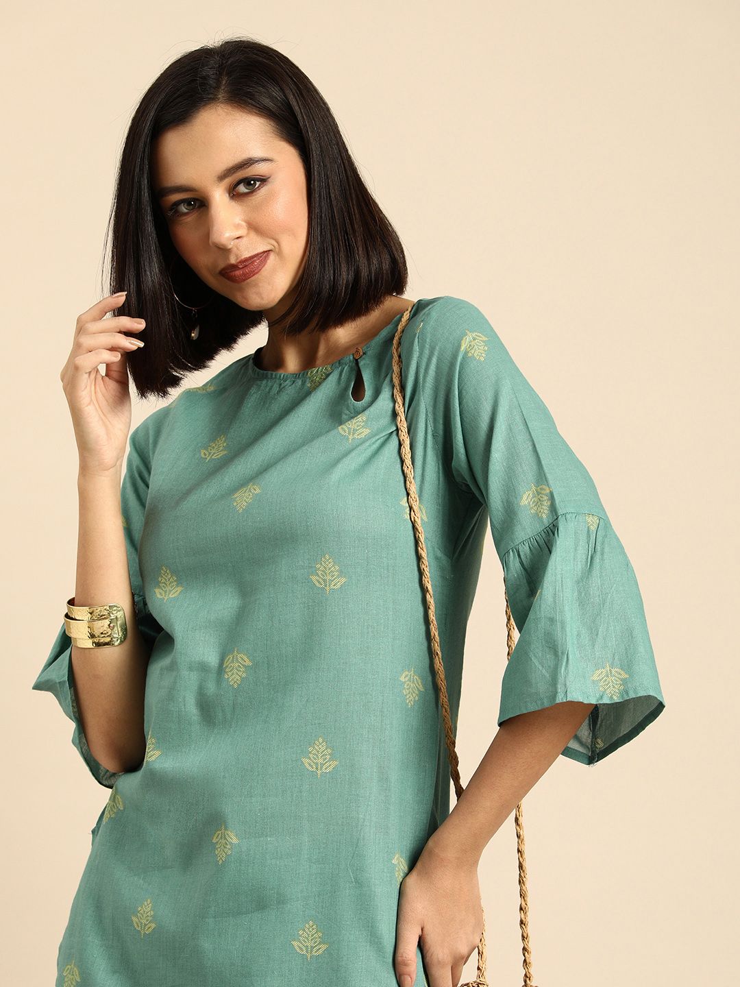 Anouk Women Green & Yellow Floral Printed Pure Cotton Kurta with Trousers Price in India