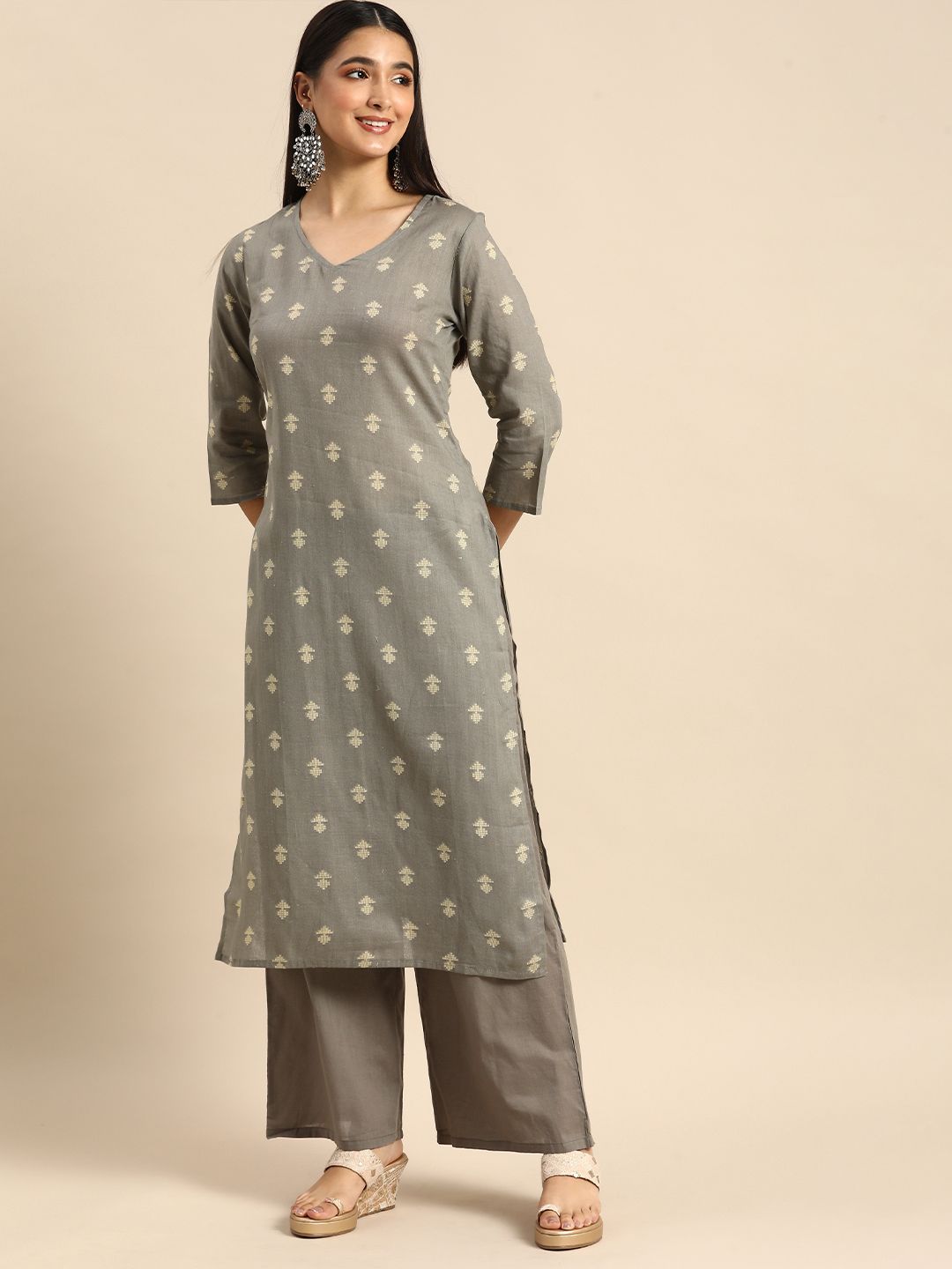 Anouk Women Grey Printed Pure Cotton Kurta with Palazzos Price in India