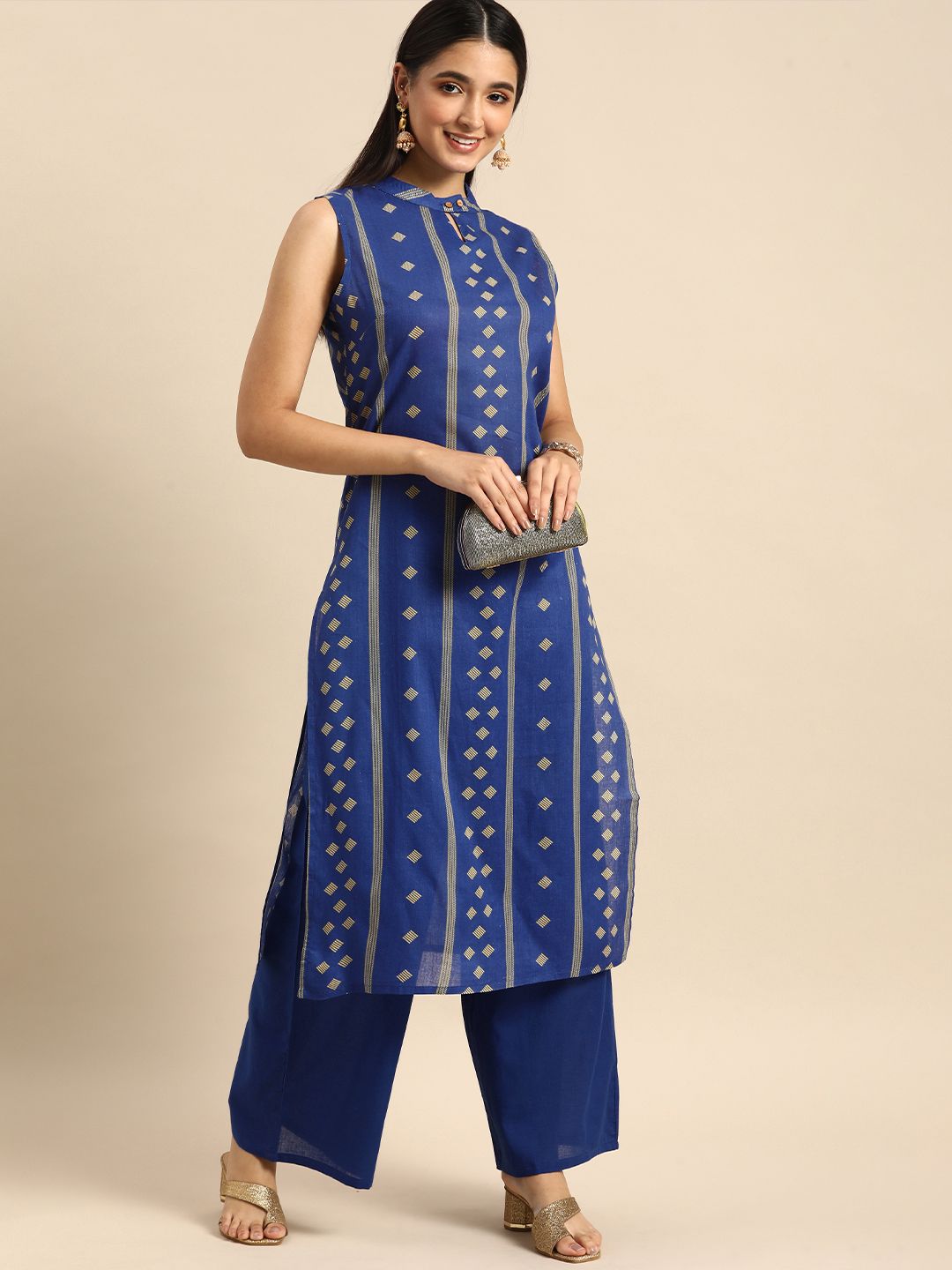 Anouk Women Navy Blue & Yellow Printed Pure Cotton Kurta with Palazzos Price in India