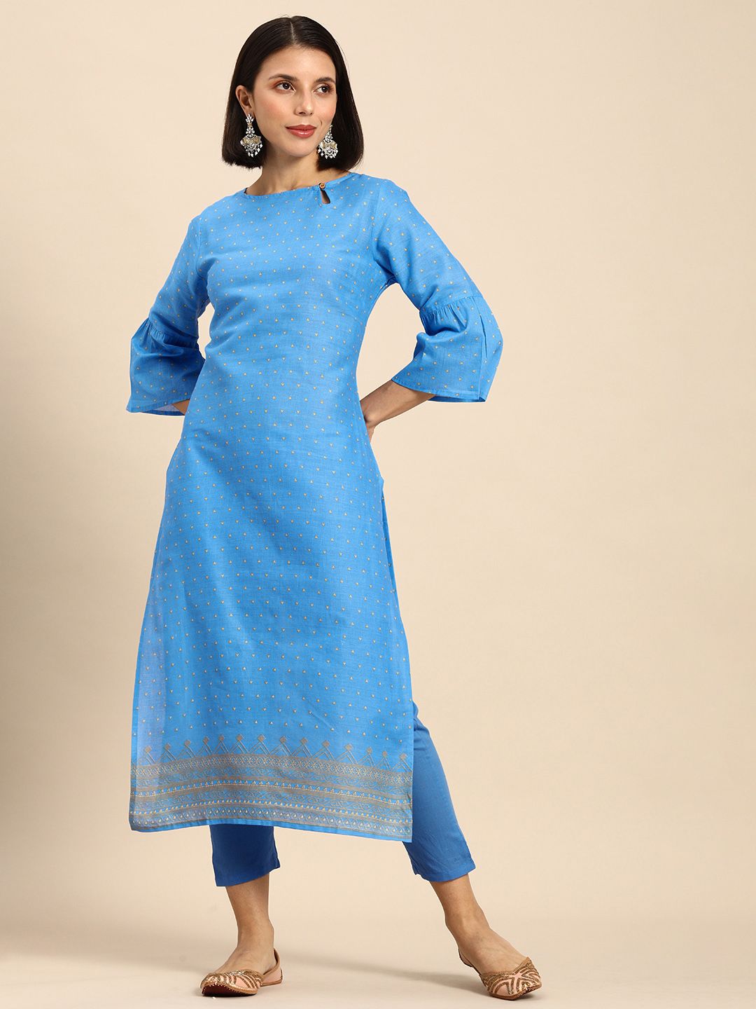 Anouk Women Blue Printed Pure Cotton Kurta with Trousers Price in India