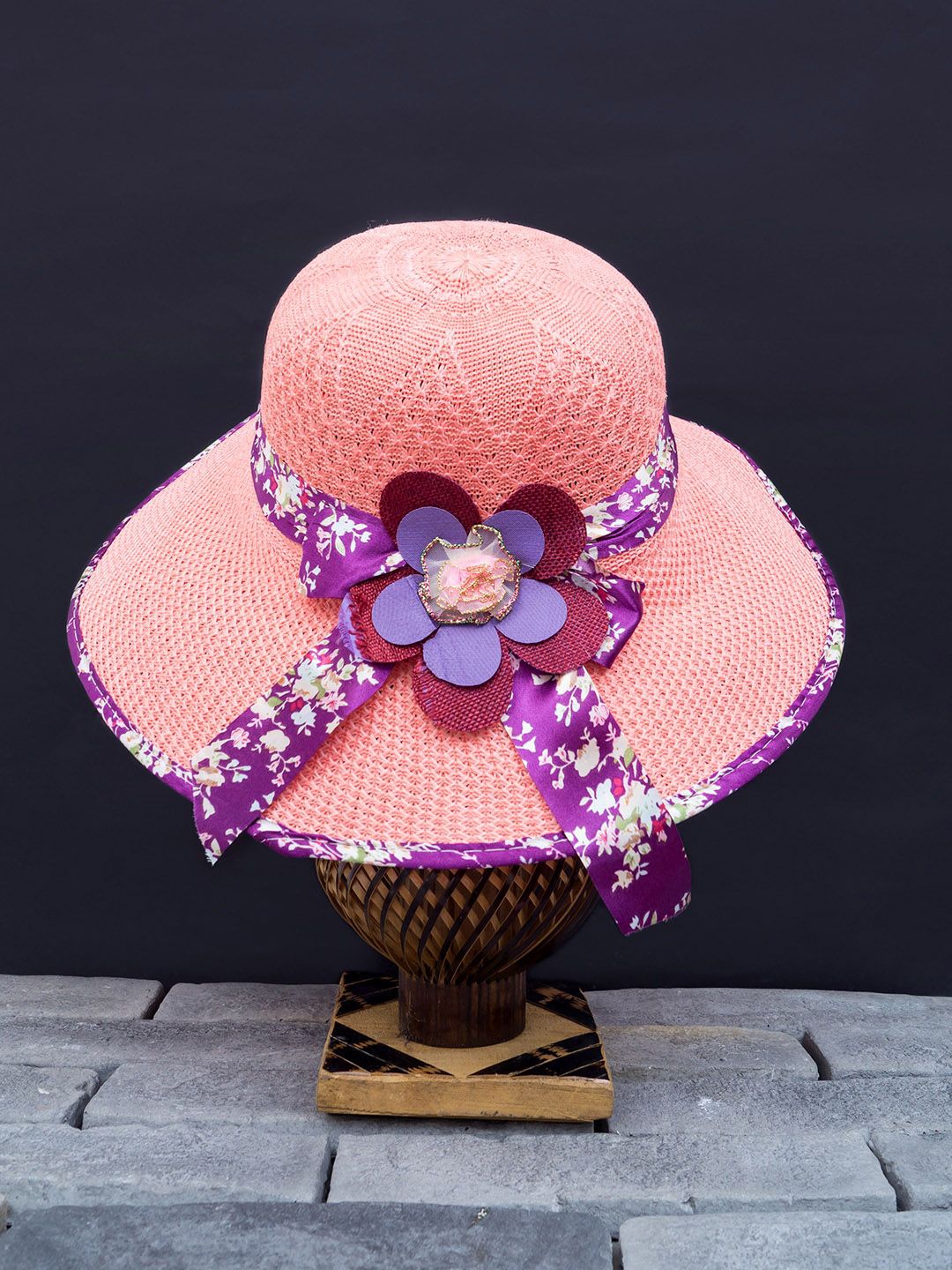 Golden Peacock Women Peach-Coloured & Purple Embellished Sun Hat Price in India