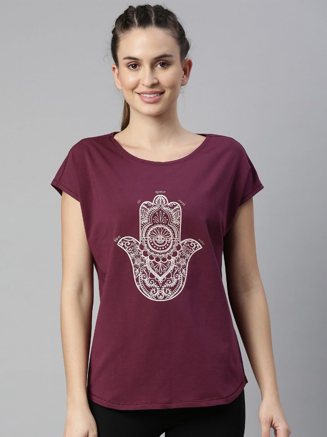 Enamor Women Maroon Printed Antimicrobial Outdoor T-shirt Price in India