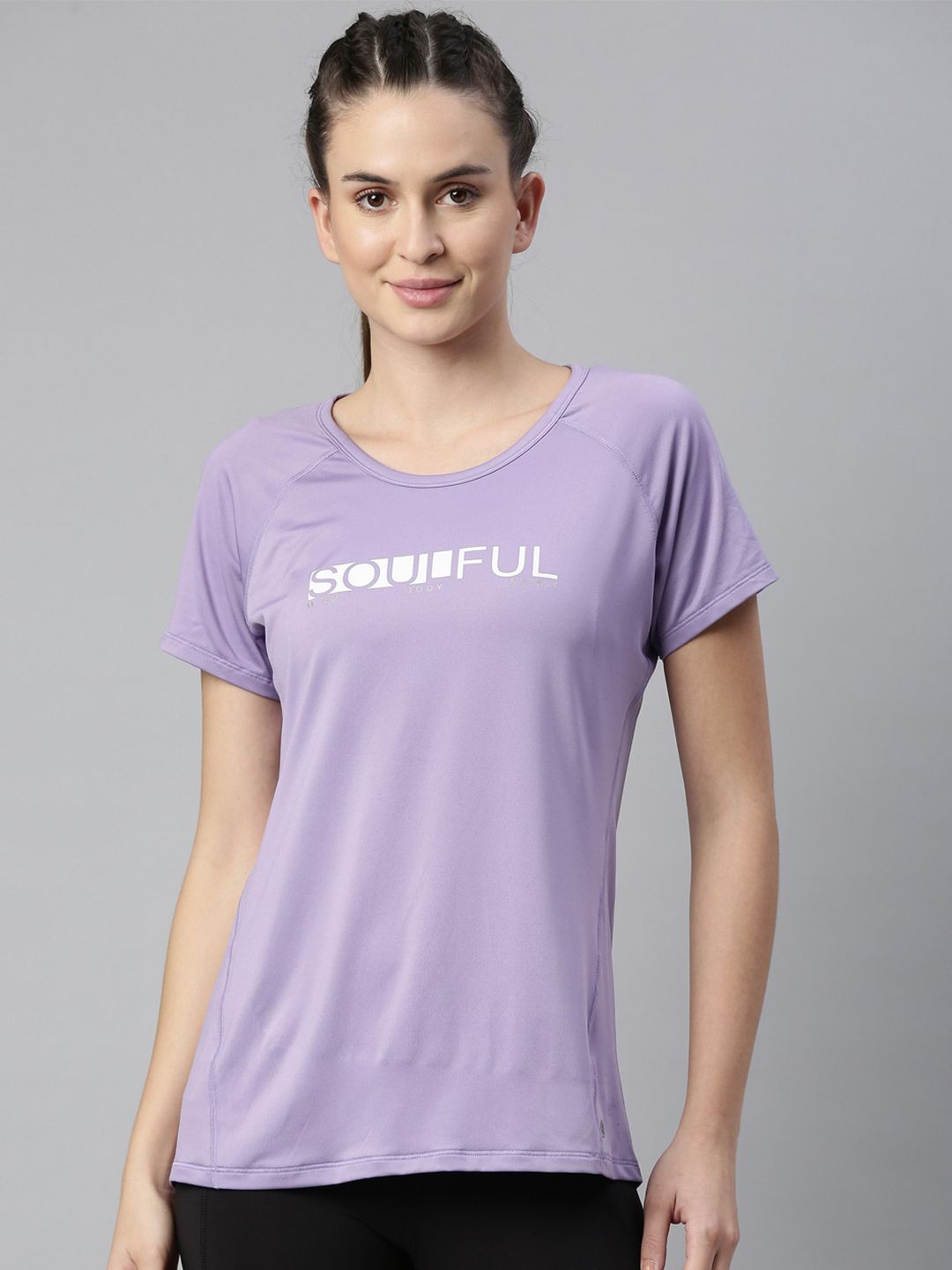 Enamor Women Violet & White Typography Printed Antimicrobial Outdoor T-shirt Price in India