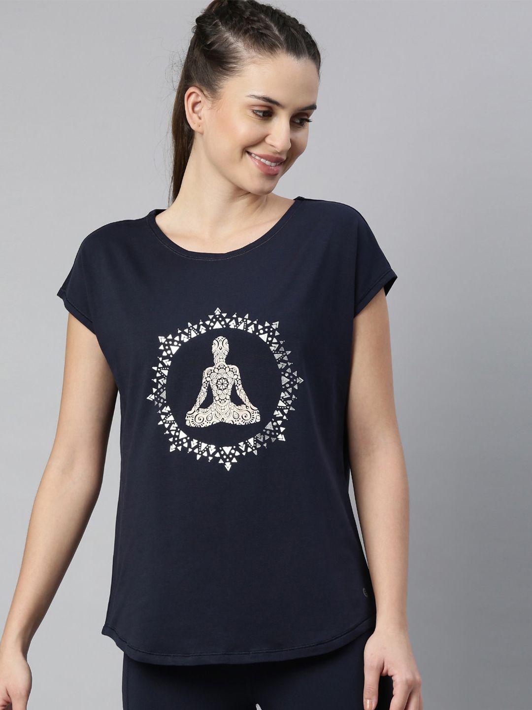Enamor Women Navy Blue Printed Extended Sleeves Antimicrobial Yoga Cotton T-shirt Price in India