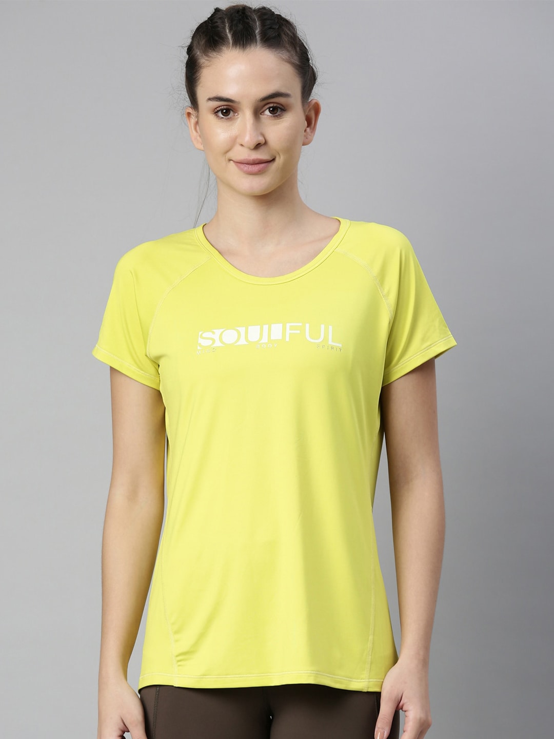 Enamor Women Lime Green Typography Printed Antimicrobial Outdoor T-shirt Price in India