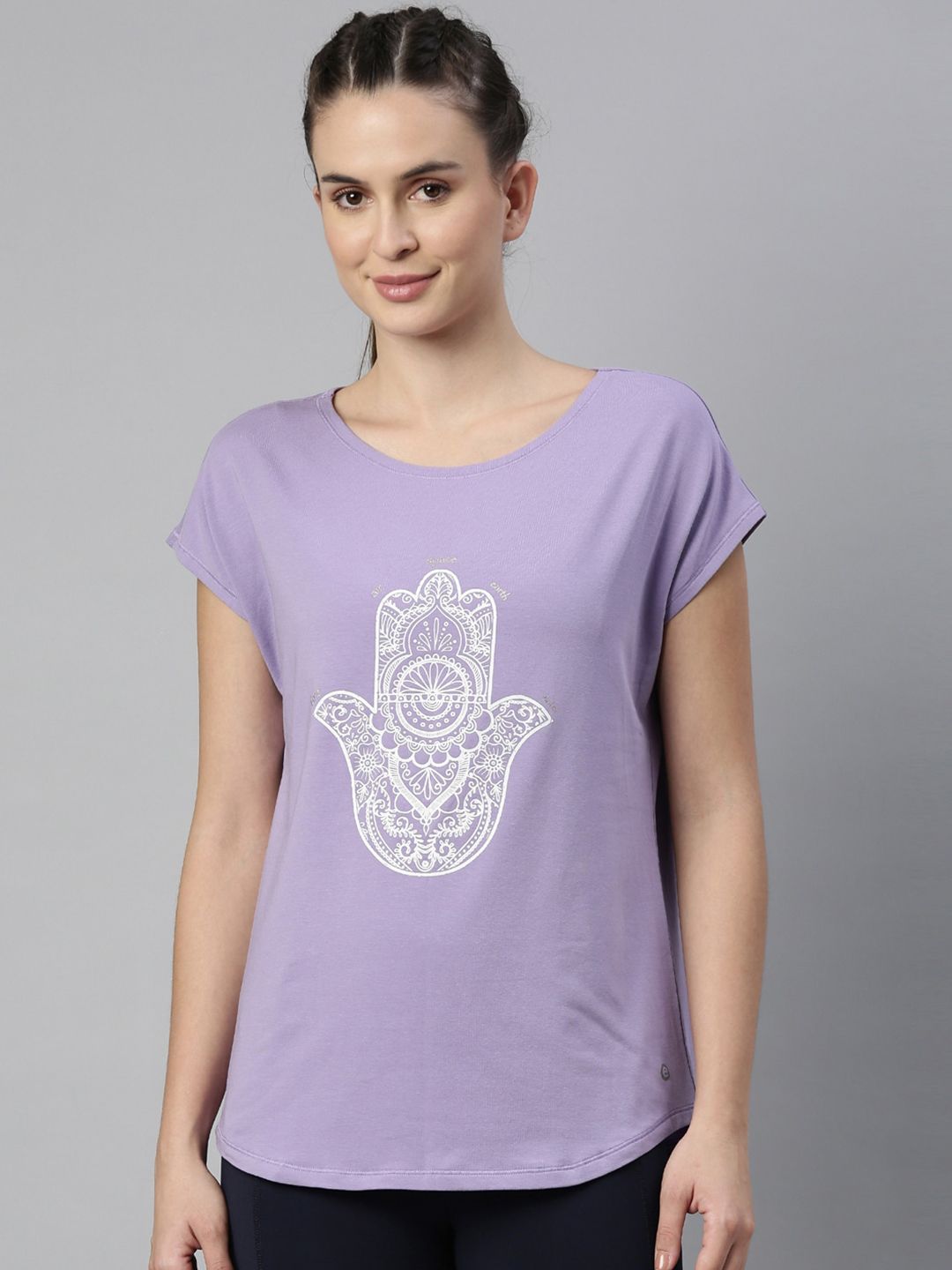 Enamor Women Lavender Graphic Printed Relaxed Fit Extended Sleeves Antimicrobial T-shirt Price in India