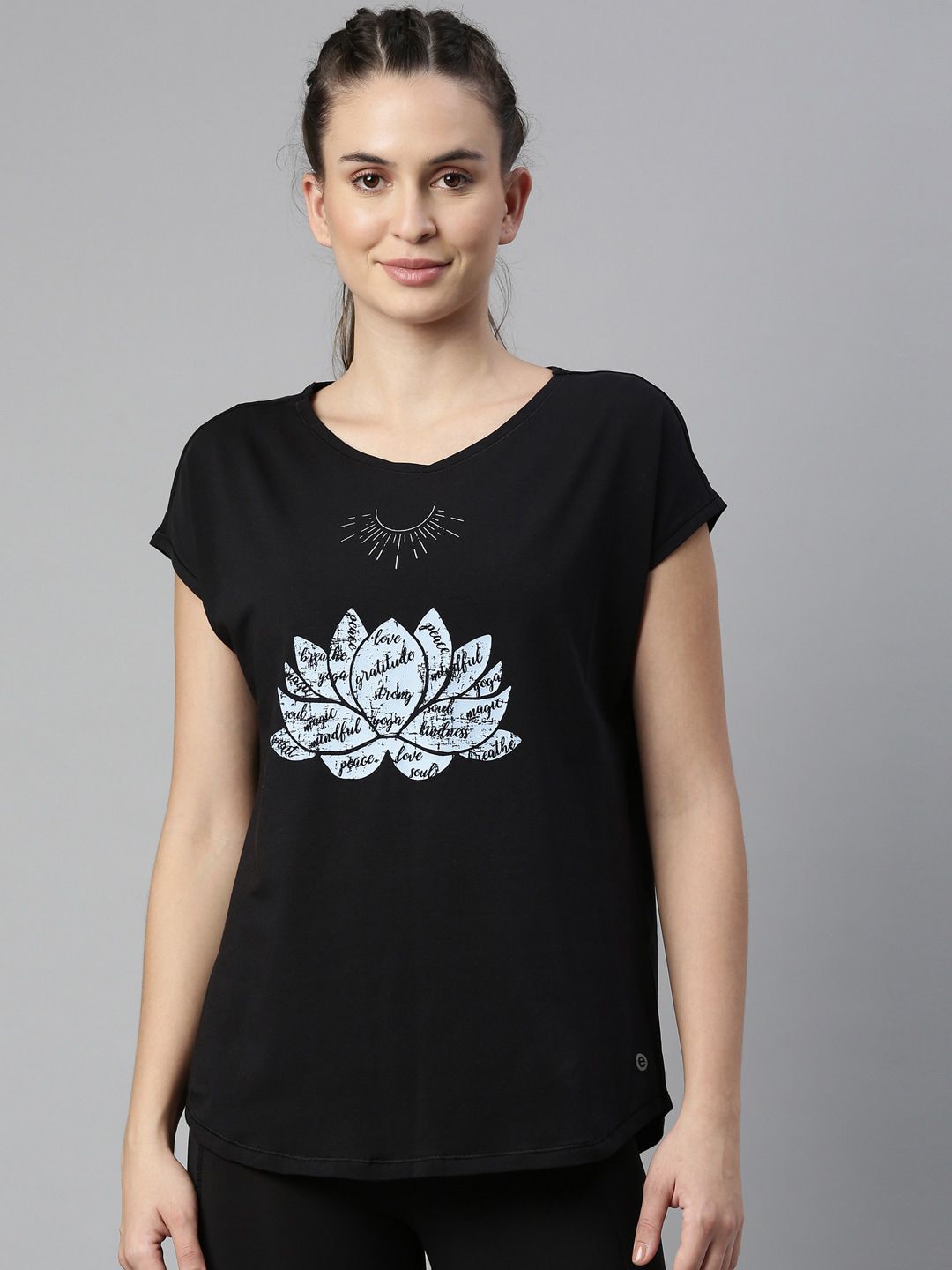 Enamor Women Black Printed Extended Sleeves Antimicrobial Outdoor T-shirt Price in India