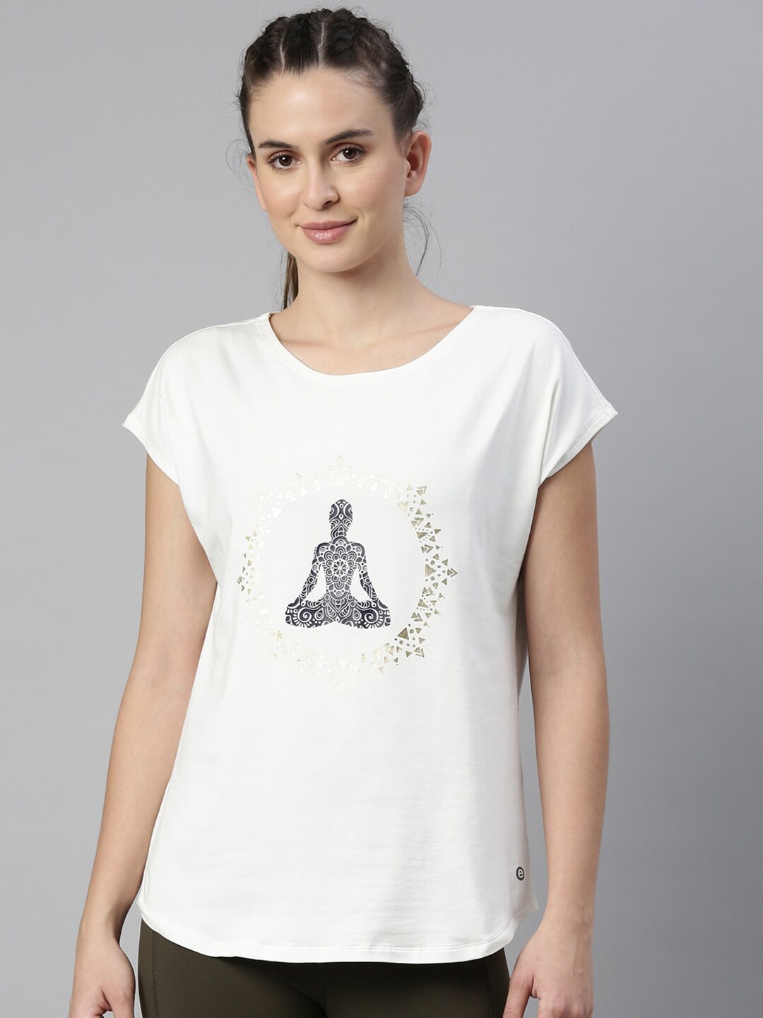 Enamor Women Off White Printed Antimicrobial Outdoor Cotton Sports T-shirt Price in India
