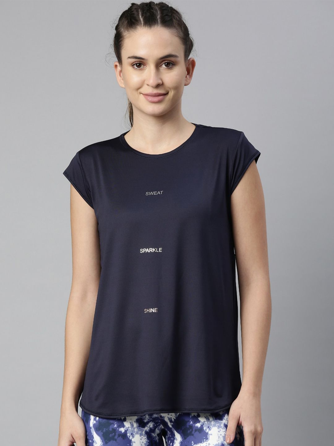 Enamor Women Navy Blue Typography Printed Extended Sleeves Antimicrobial Outdoor T-shirt Price in India
