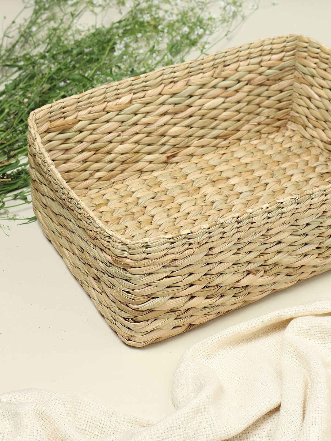 HABERE INDIA Beige Woven Design Grass Storage Basket Price in India