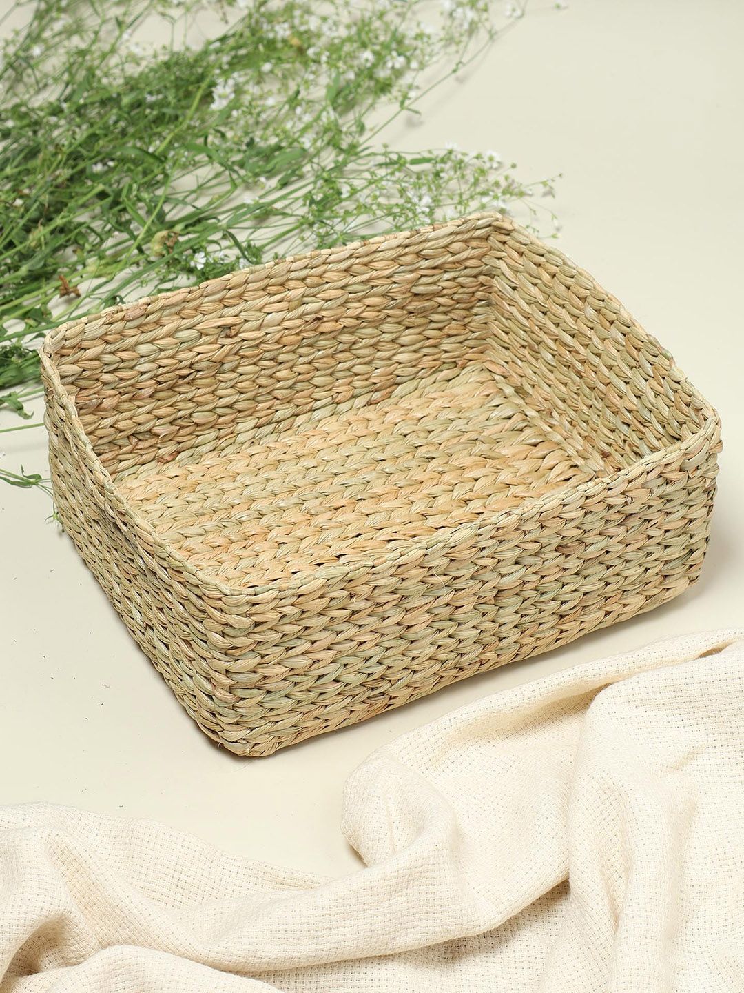 HABERE INDIA Beige Woven Design Grass Storage Basket Price in India