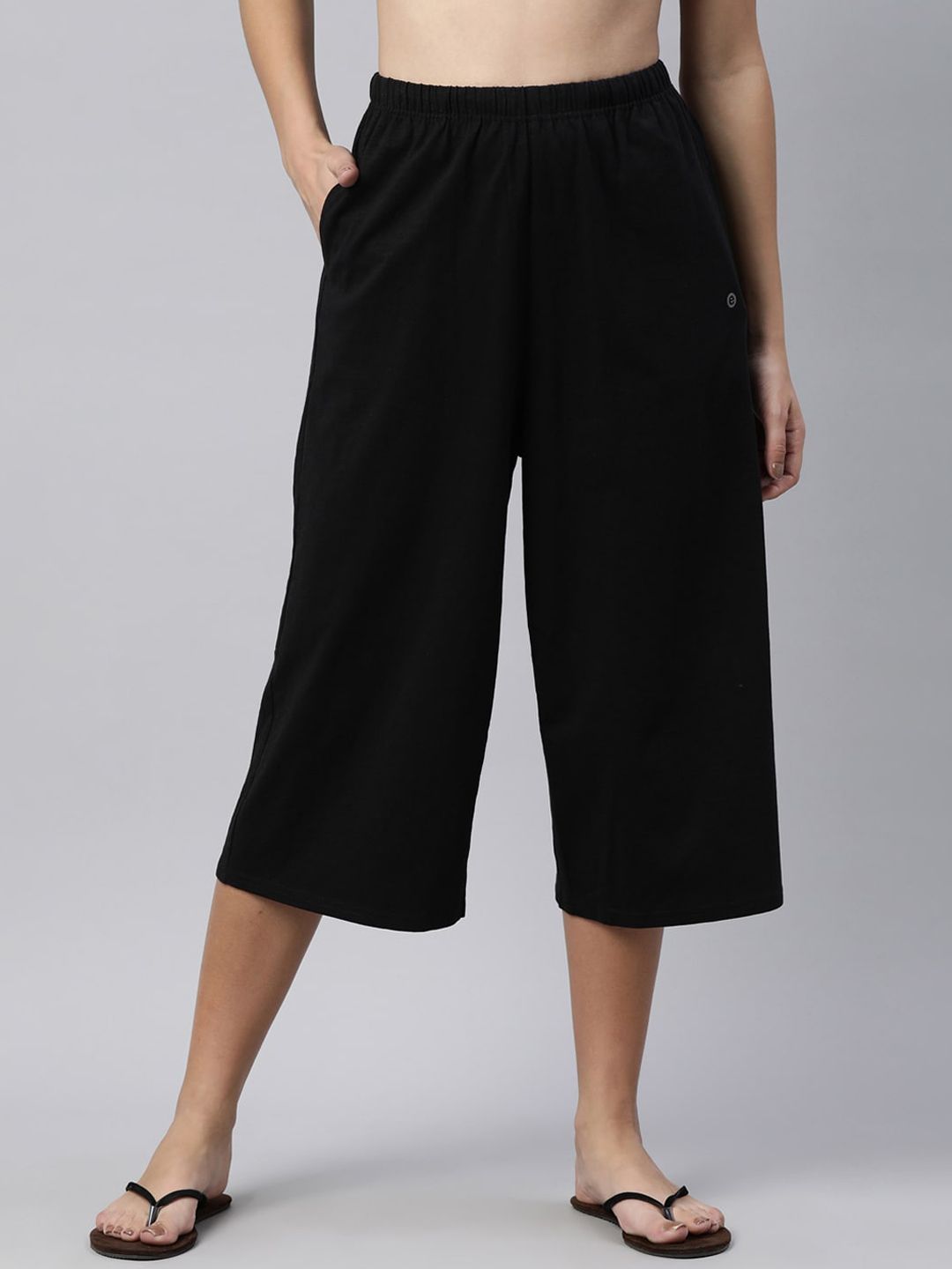 Enamor Women Black Cotton Slub High Rise Relaxed Fit Basic Lounge Culottes Price in India