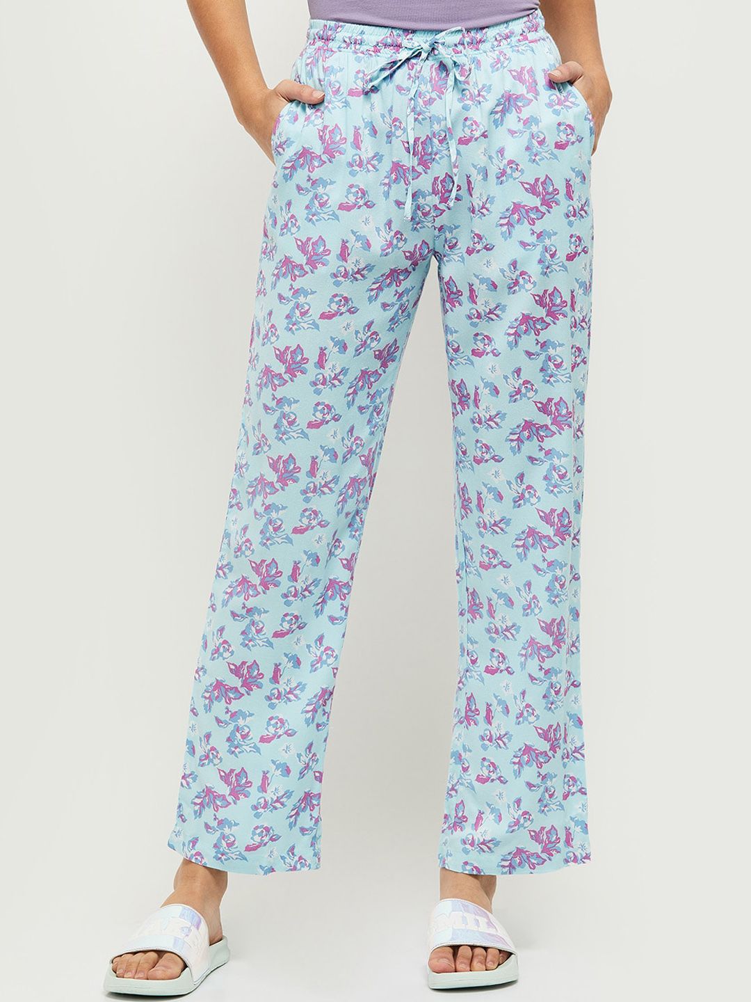 max Women Turquoise Blue Floral Printed Lounge Pants Price in India