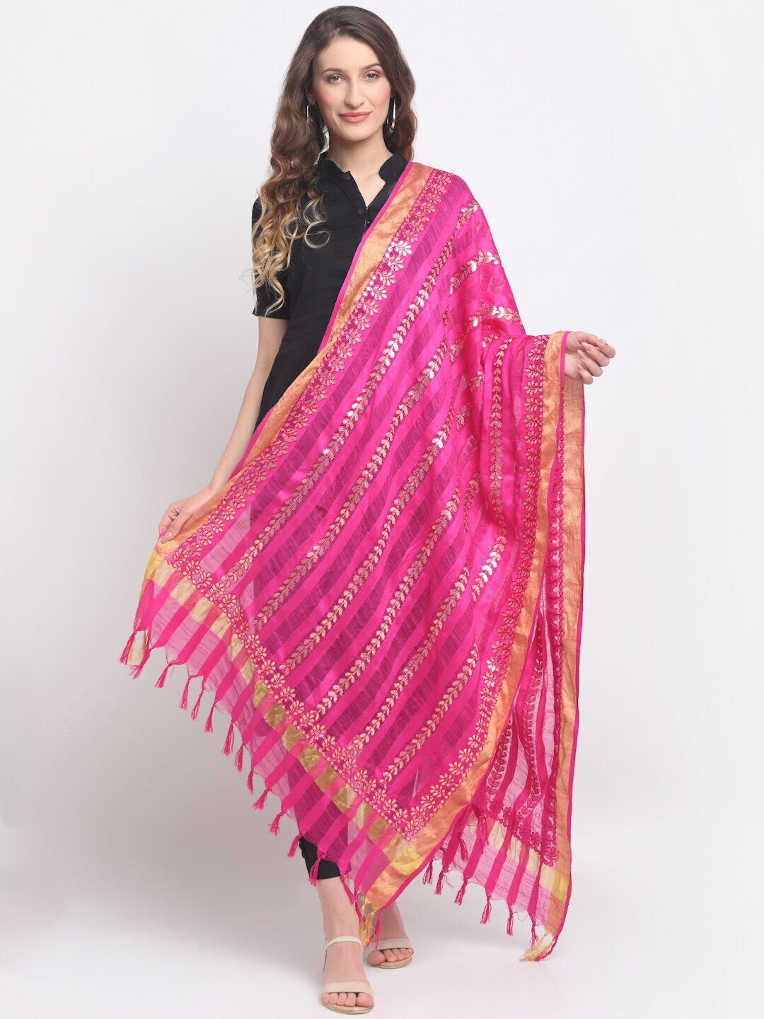 SOUNDARYA Women Pink & Gold-Toned Striped Gotta Patti Work Dupatta Price in India