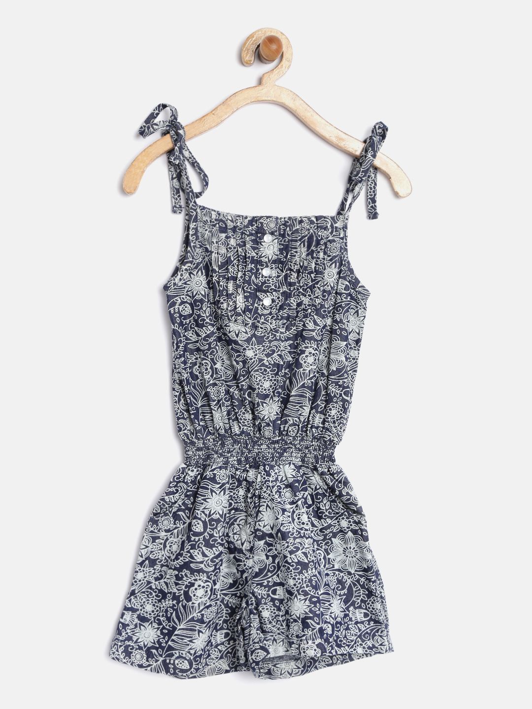 612 league Girls Navy & Off-White Chambray Floral Print Playsuit