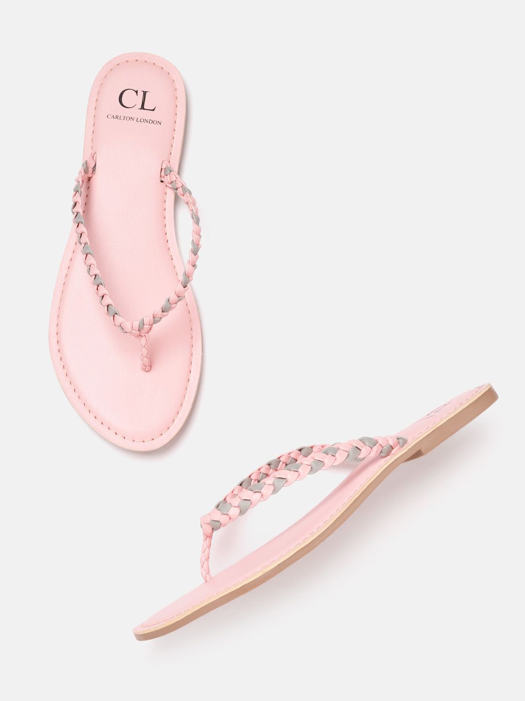 Carlton London Women Pink & Grey Braided Open Toe Flats Price in India