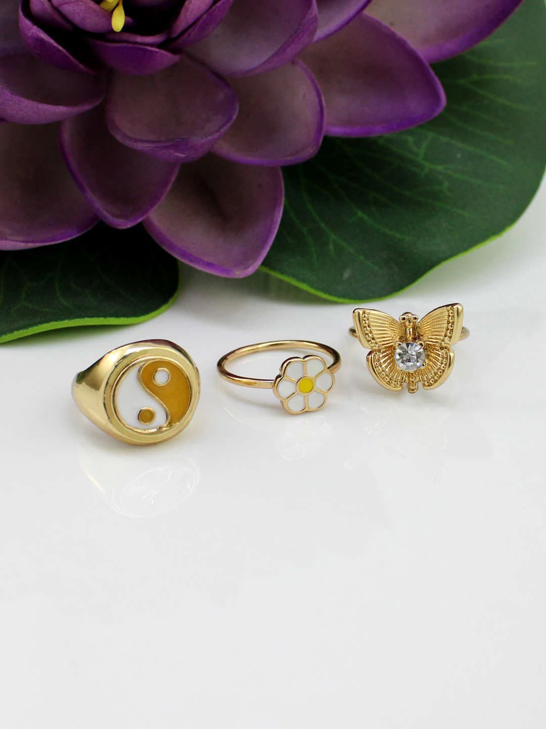 Runway Ritual Set Of 3 Gold-Plated Assorted Stone-Studded Enameled Finger Ring Price in India