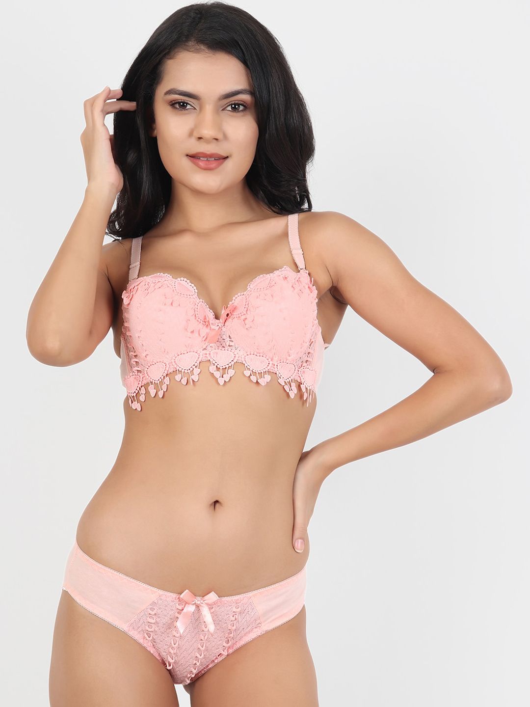 Buy Lebami Lebami Pink Self Designed Lace Lingerie Set At Redfynd