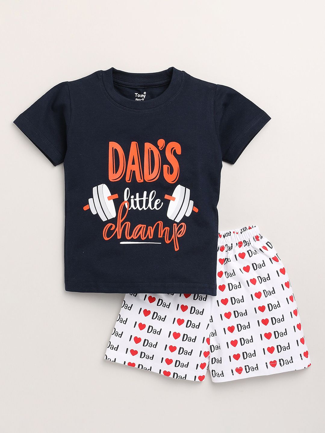 Toonyport Boys Navy Blue & White Printed Cotton T-shirt with Shorts