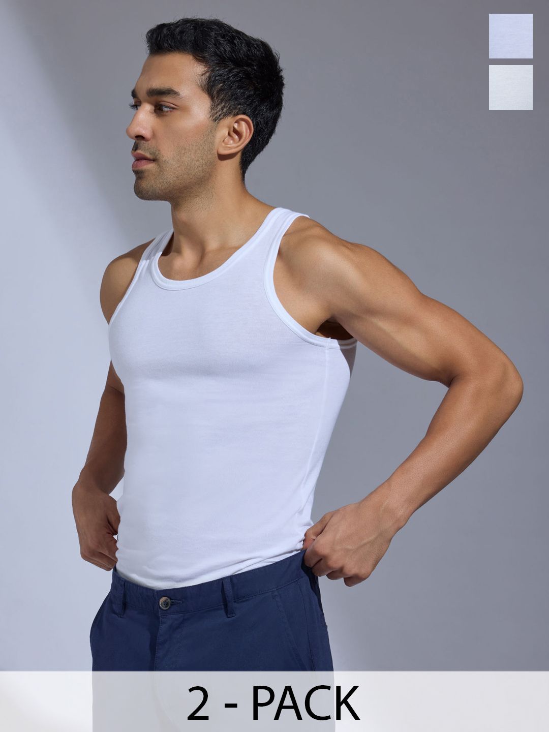XYXX Men Pack of 2 Solid ACE Cotton Modal White Round Neck Innerwear Vest