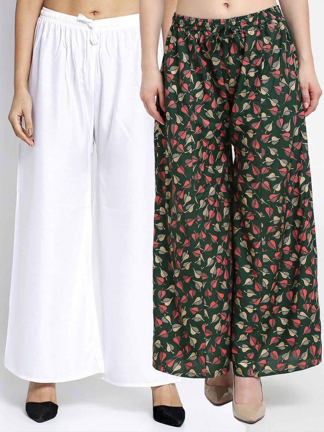 Jinfo Women White & Green Printed Flared Knitted Ethnic Palazzos Set Of 2 Price in India