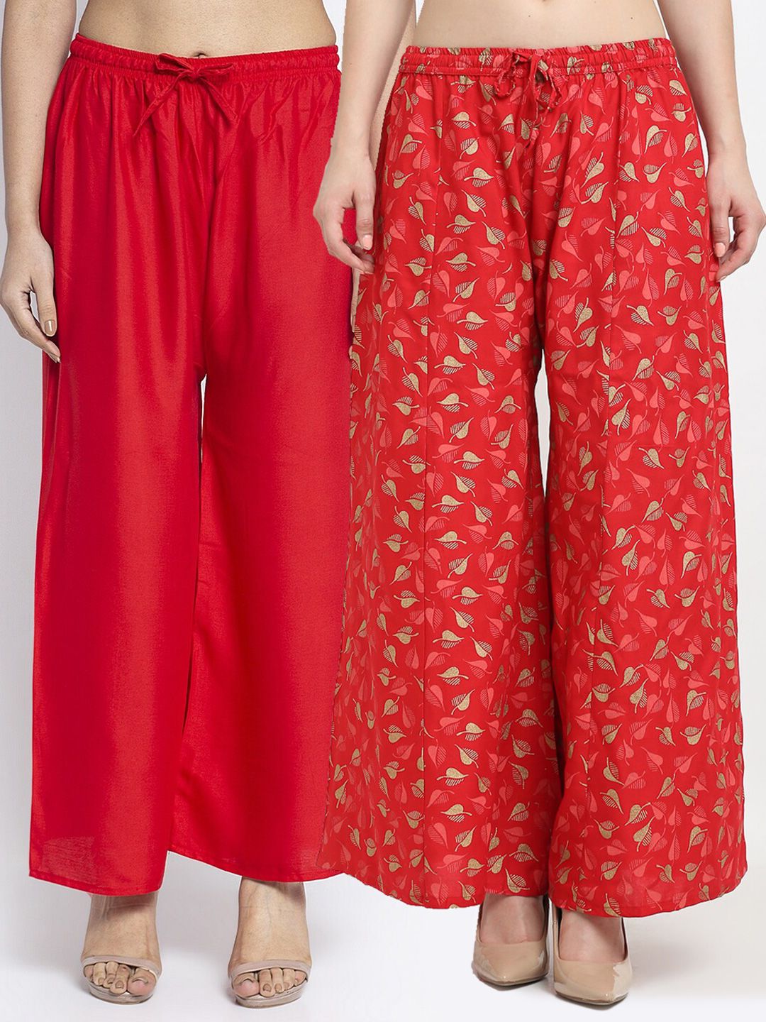 Jinfo Women Red & Gold-Toned Printed Flared Knitted Ethnic Palazzos Set Of 2 Price in India