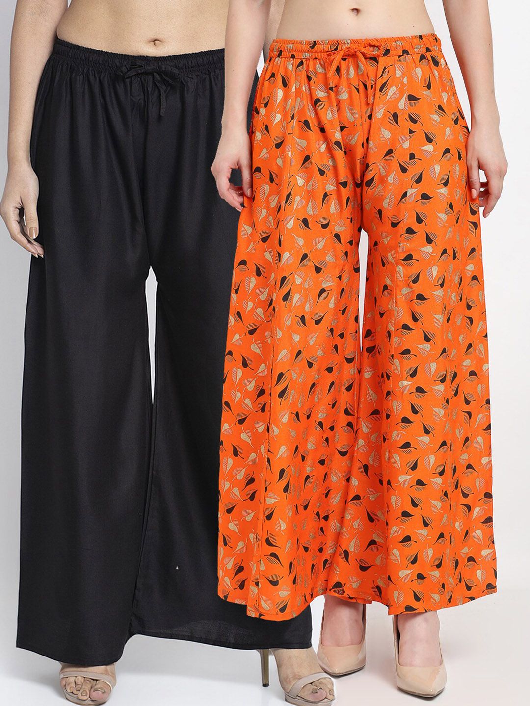 Jinfo Women Black & Orange Printed Flared Knitted Ethnic Palazzos Set Of 2 Price in India